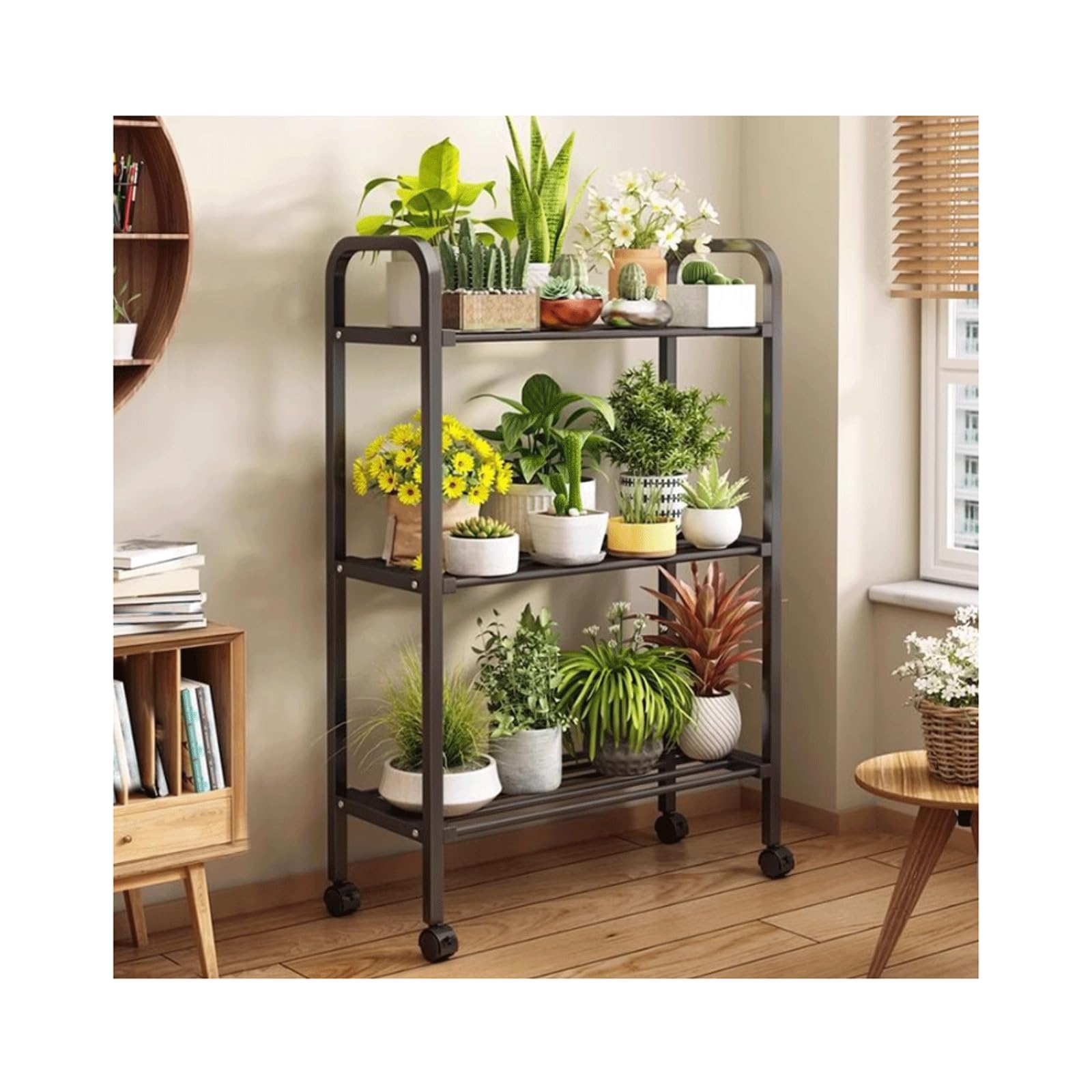 Support à plantes en métal 3 niveaux à roulettes pour intérieur et balcon