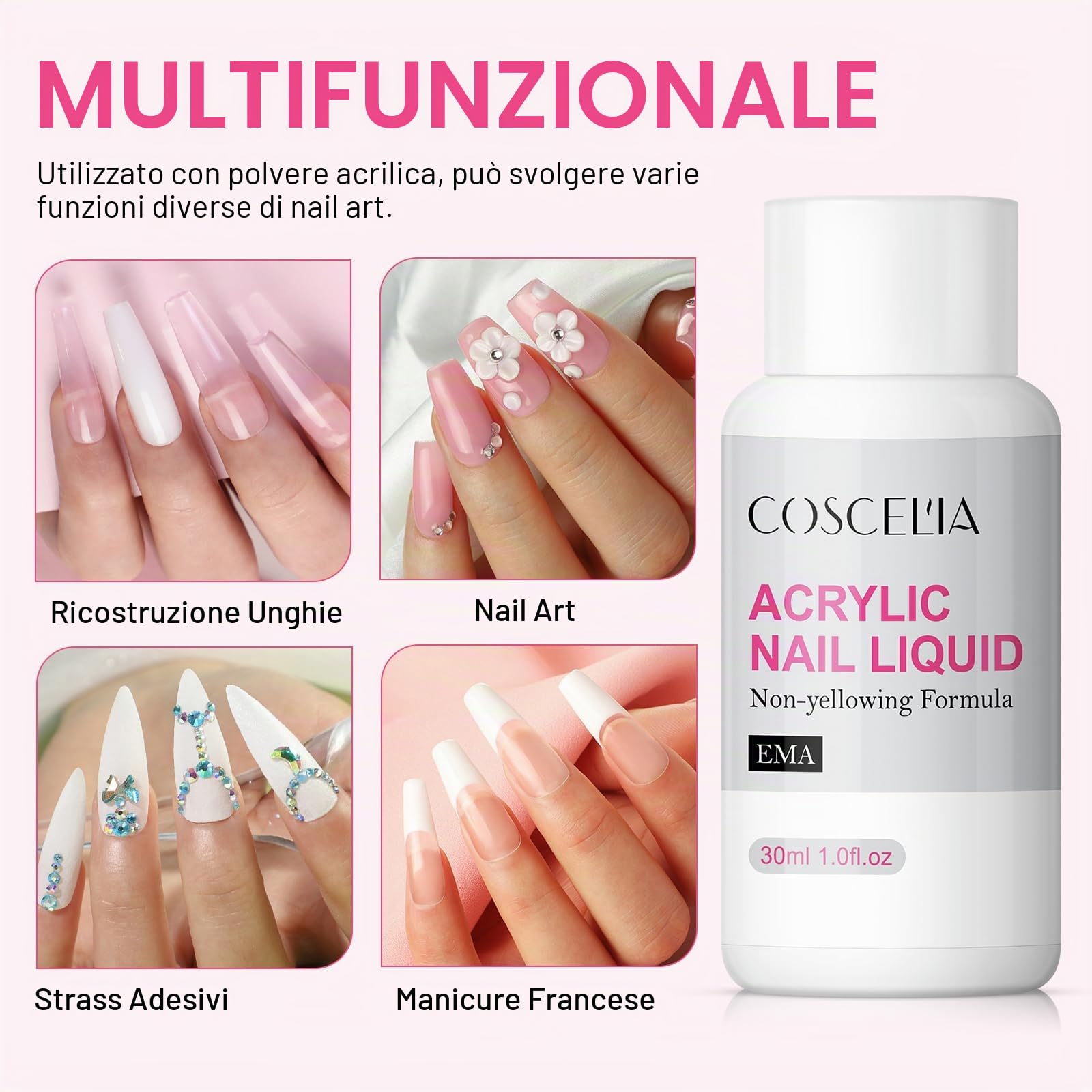 COSCELIA Kit Semipermanente Unghie 3 * 8g Starter Kit Semipermanente Bianco Rosa Trasparente 30ml Monomero Set di Estensione Unghie Regali per Principianti