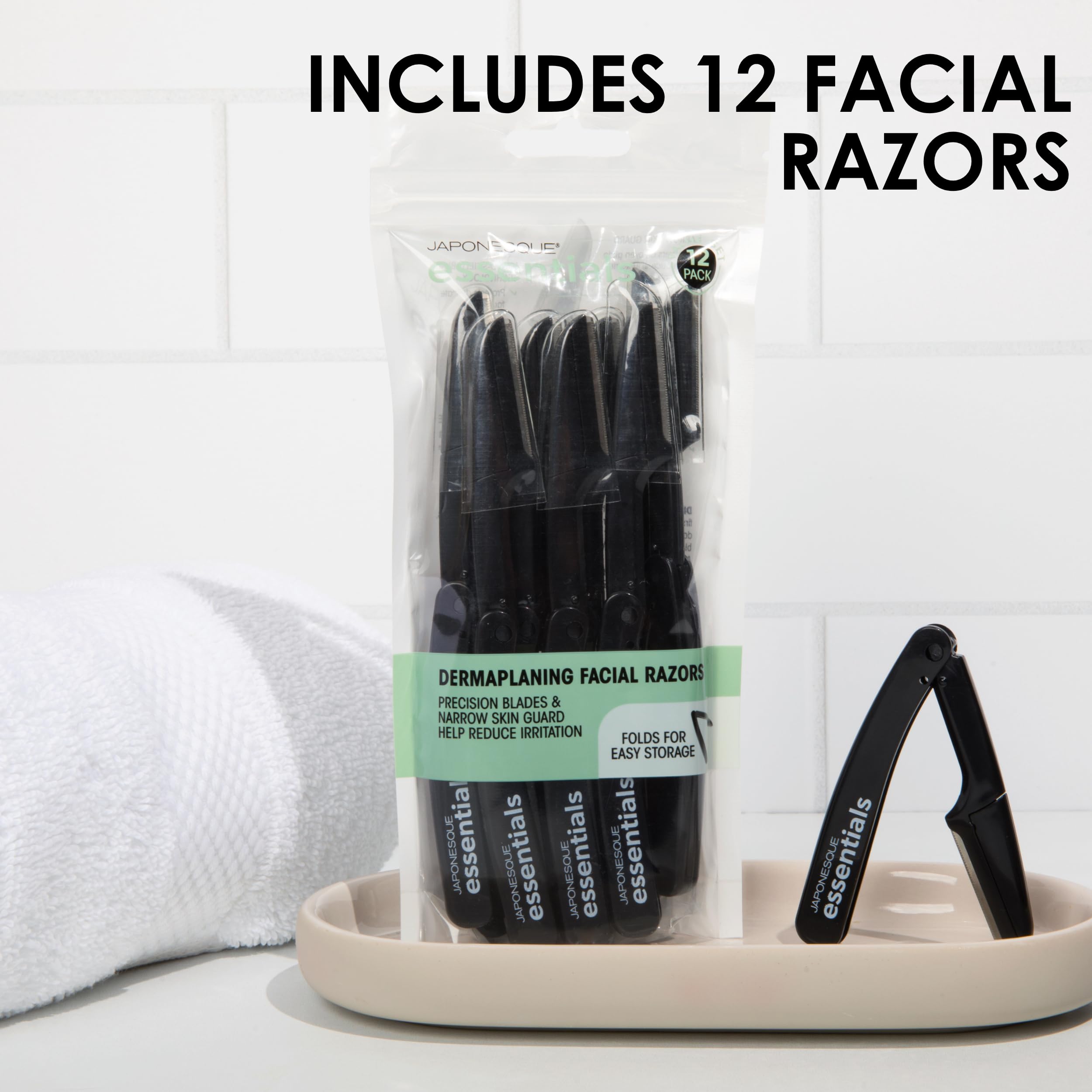 JAPONESQUE Essentials Dermaplaner Facial Hair Razors 12 Pack – Precision Blades for Peach Fuzz Removal, and Eyebrow Shaping for Men & Women