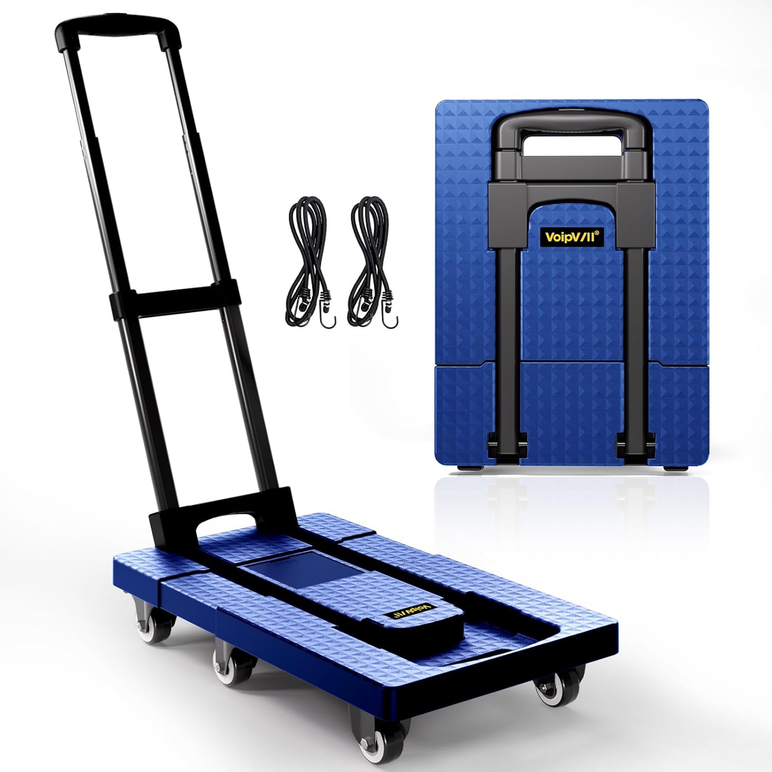 Folding Hand Truck 500lbs, Portable Heavy Duty Dolly Cart, 6 Wheels Collapsible Luggage Cart with 2 Elastic Ropes - Compact Trolley Cart for Easy Moving - Ideal Hand Cart for Travel and More