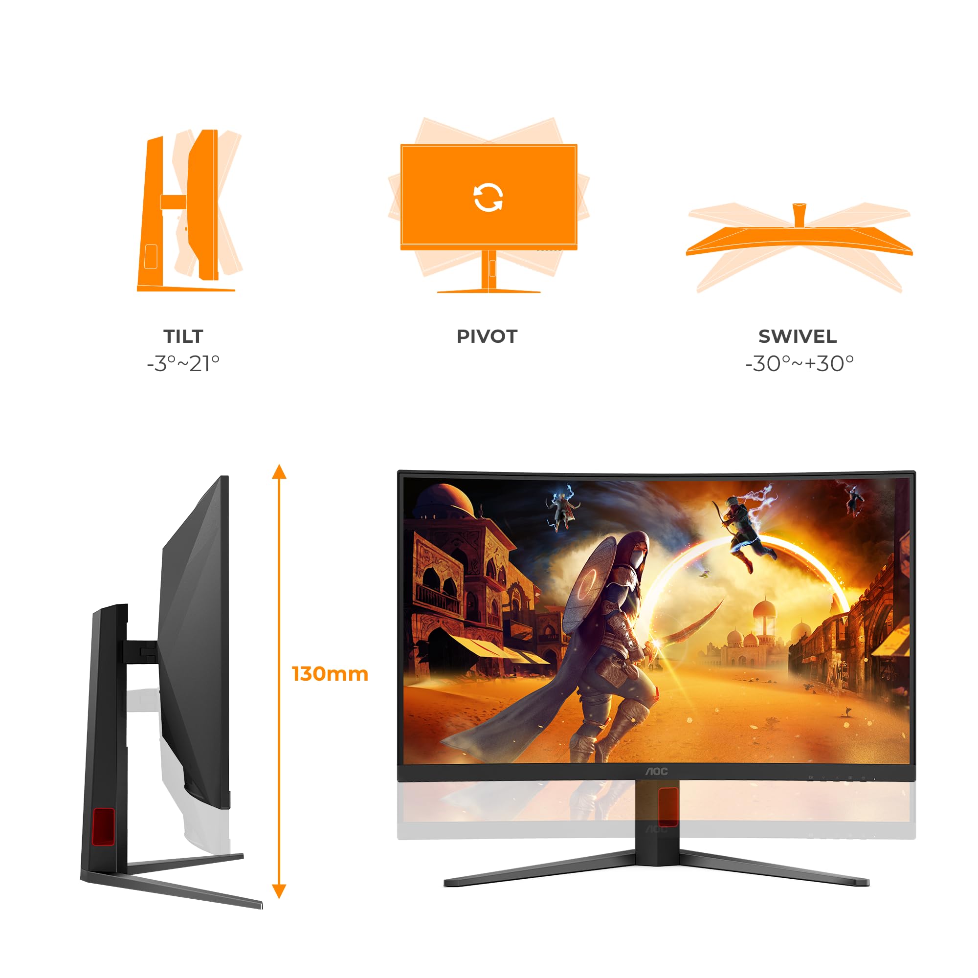 AOC C32G4Z 32-calowy zakrzywiony monitor FHD, 260 Hz, panel VA, 4 ms GtG, Adaptive Sync, HDR10, FreeSync Prem, regulacja wysokości, głośnik, (1920 x 1080 HDMI 2 X 2.0 DP 1 x 1,4), czarny