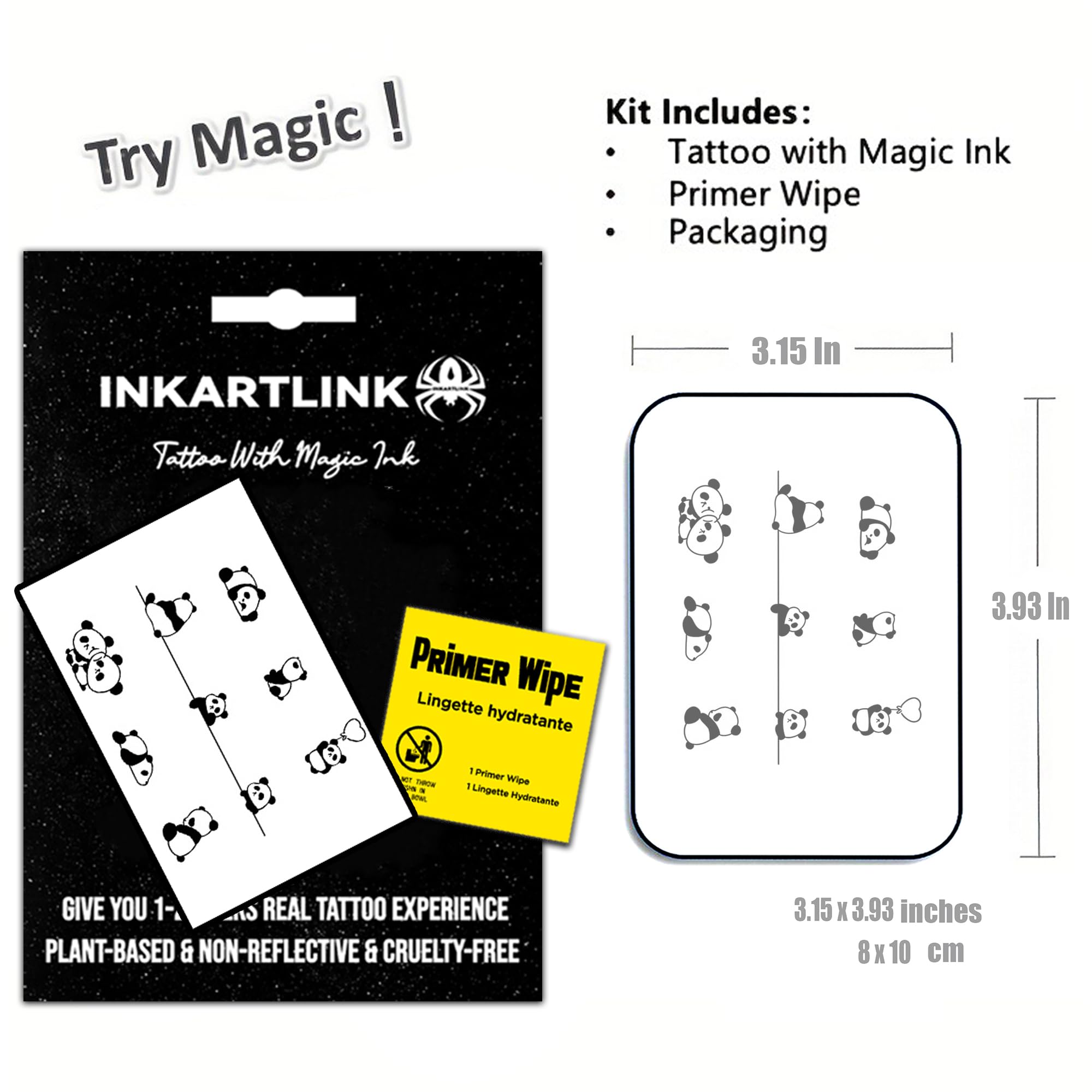 INKARTLINK Semi Permanent Tattoo, temporary tattoo, adult art design, party gift, waterproof, realistic, no adhesive, no reflective, lasts 1-2 weeks (9 Cute pandas)