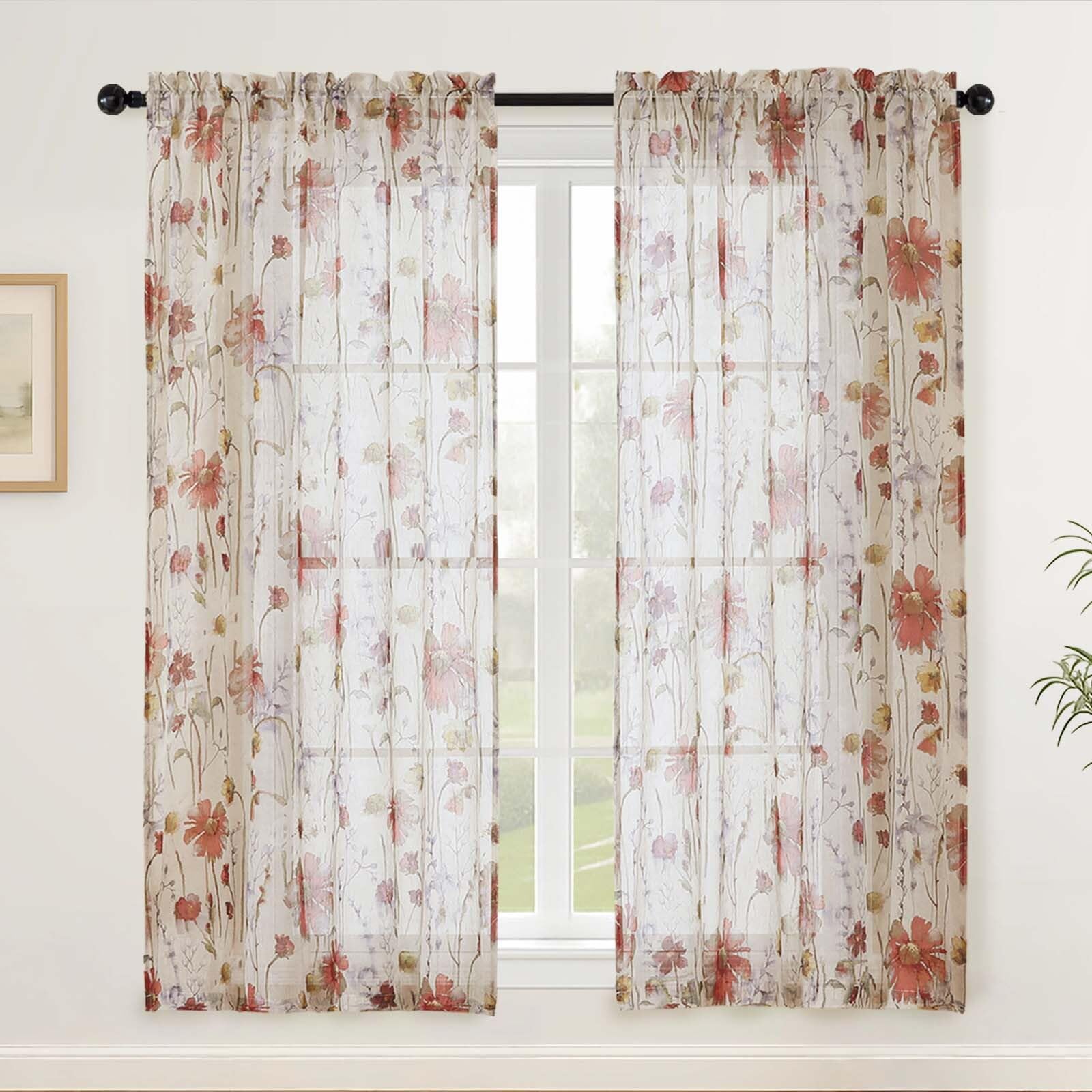 Simplebrand Floral Sheer Curtains 163 cm Length for Living Room 2 Panels Set, Soft Airy Printed Design Textured Light Filtering Drapes, Semi Sheer Farmhouse Curtains for Bedroom, Each 130Wx163L cm