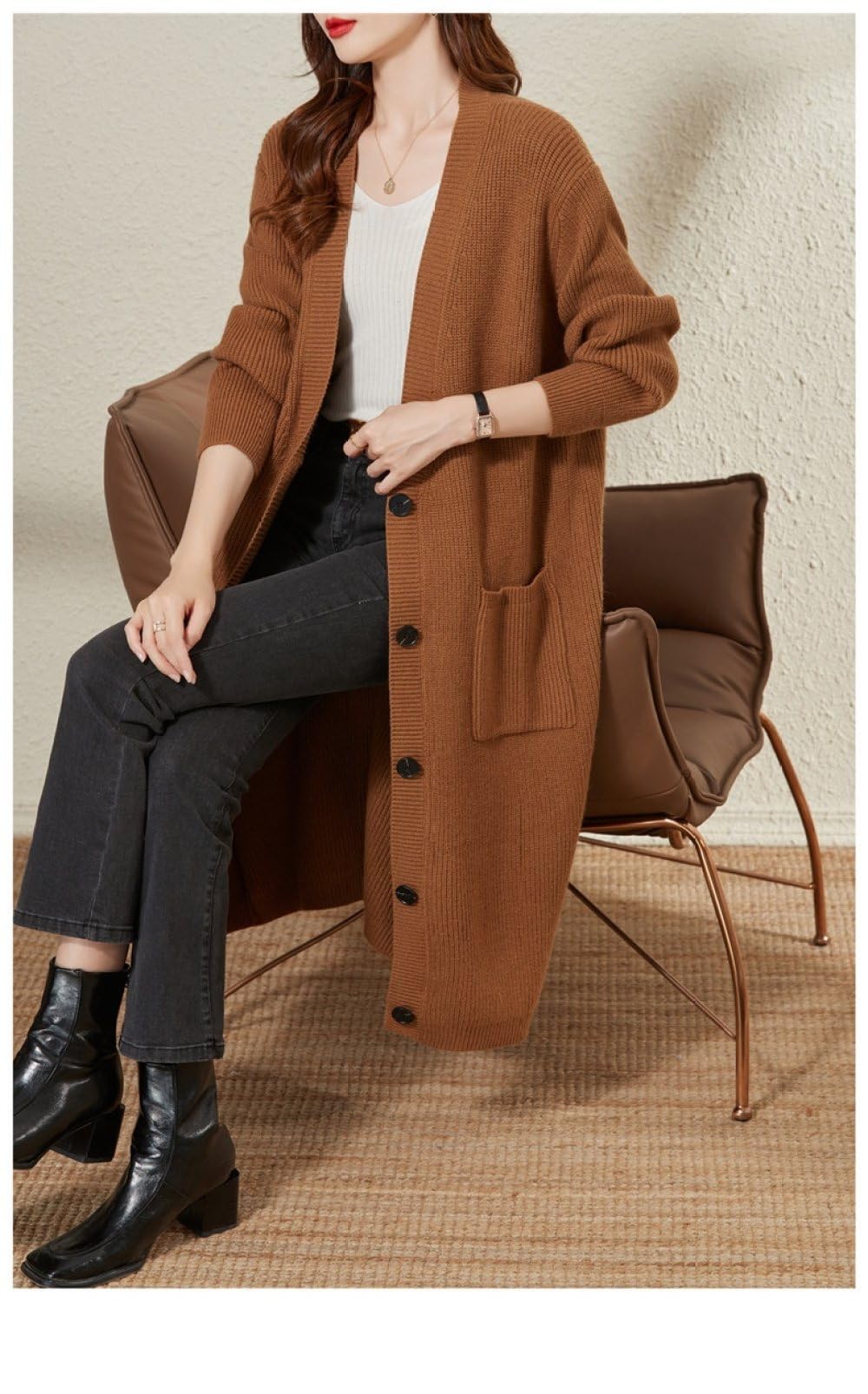 Cárdigan Largo de Punto para Mujer, Cárdigan Largo con Botones Delanteros Abiertos Y Bolsillos de Lana Mezclada para Otoño E Invierno, Chaqueta de Punto Cálida, Suéter, Ropa de Abrigo.