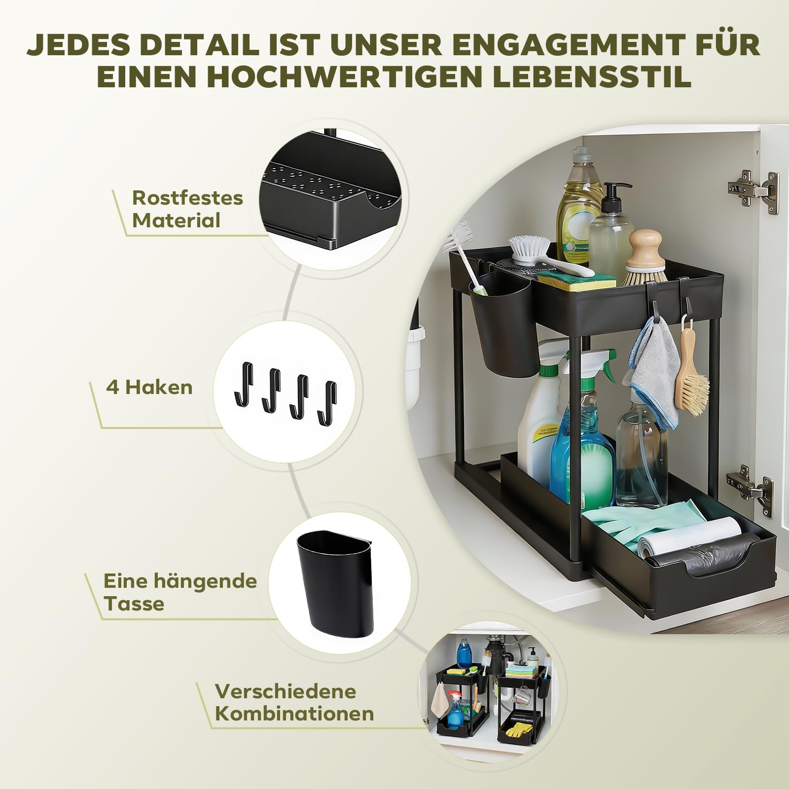 Unter Waschbecken Regal Spülschrank Organizer, 2 Etagen Standregal Küche Arbeitsplatte Regal Organizer, Mehrfunktional Küchenregal Gewürzregal Unterschrankregal Spülschrankregal, Schwarz