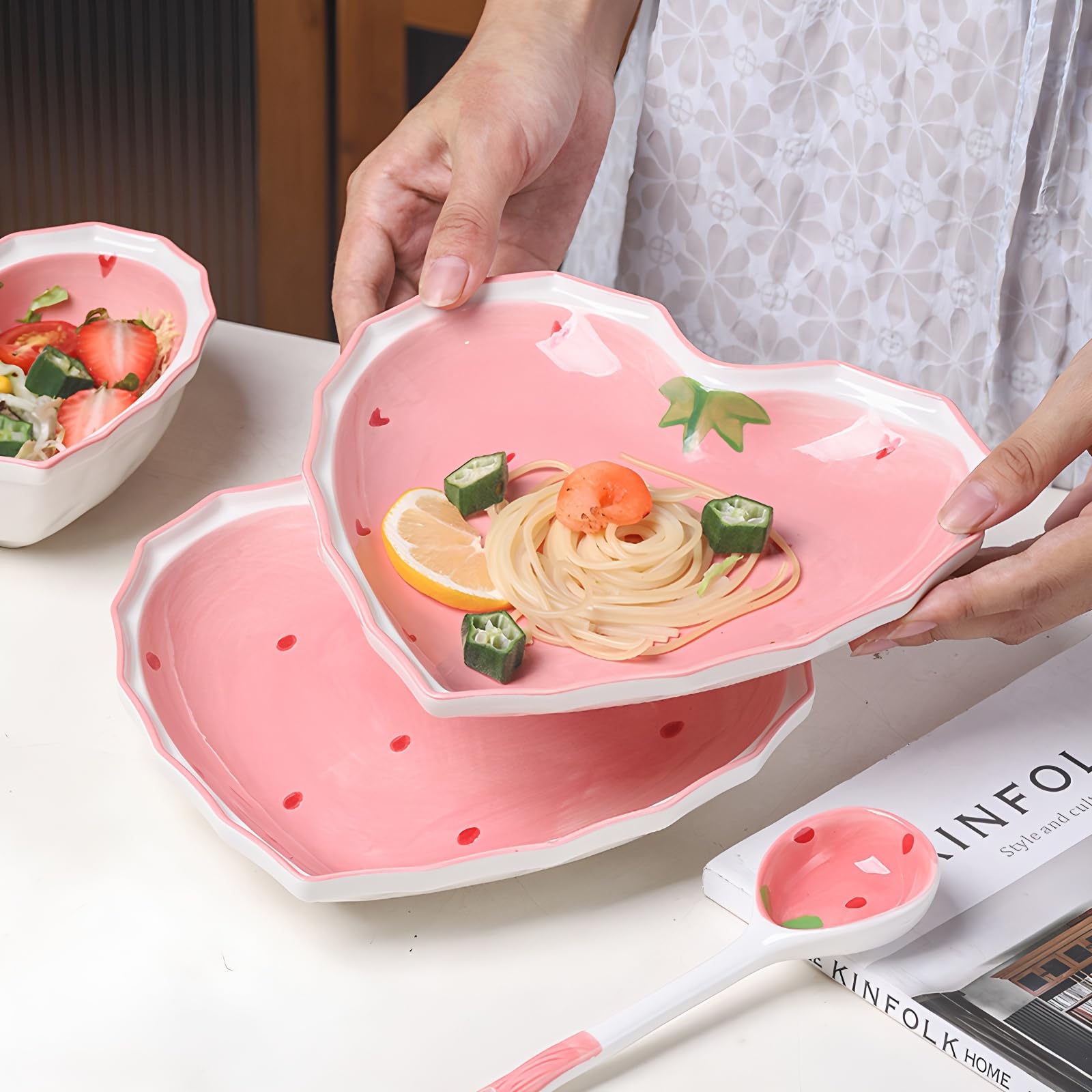 Piatto da Cena in Ceramica, Piatto a forma di cuore rosa, Adatto per Varie Insalate di frutta Dessert Pasta e Bistecca, Forno a Microonde e Forno