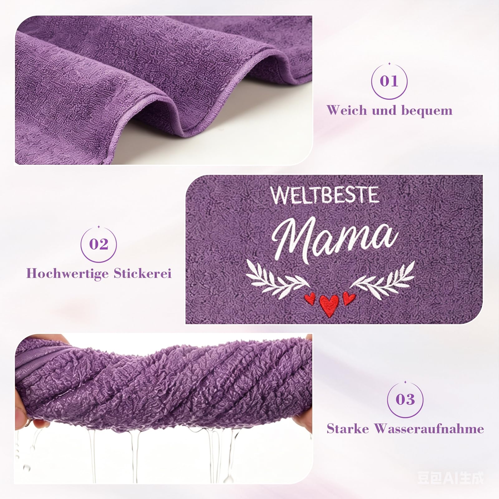 YSUVIN Mama Geschenk, 2-teiliges Set 100% Baumwolle Lila, Bestickte Handtücher, Mama Geburtstag Werdende Mutter Frau - 3