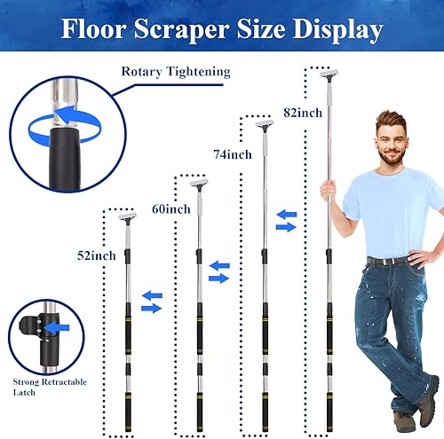 Miniatura 2 de Rascador de piso de hoja de afeitar de 4 pulgadas con mango largo, rascador de piso ajustable de 61 pulgadas, resistente con 10 cuchillas de metal