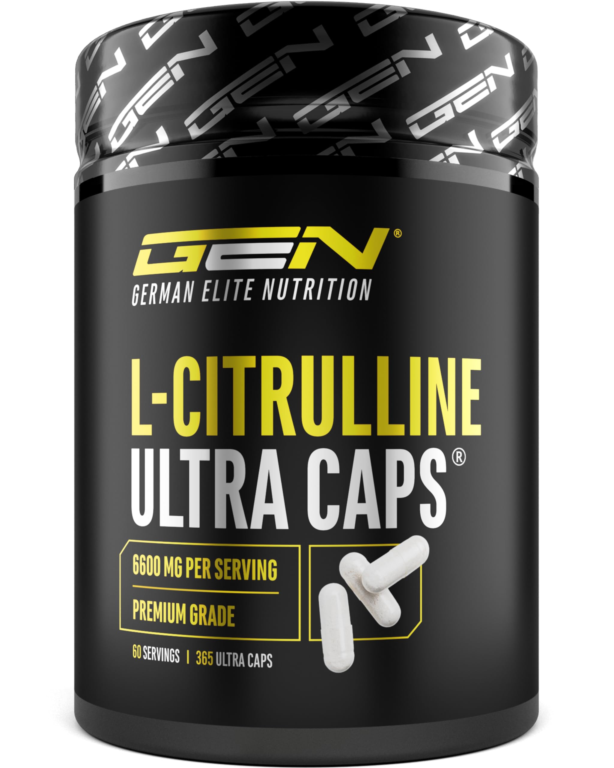 GEN GERMAN ELITE NUTRITION L-Citrullin Ultra Caps - 365 Kapseln - 1100 mg | DL-Malat 2:1, 6600 mg Tagesportion, 4422 mg L-Citrullin, pflanzliche Fermentation