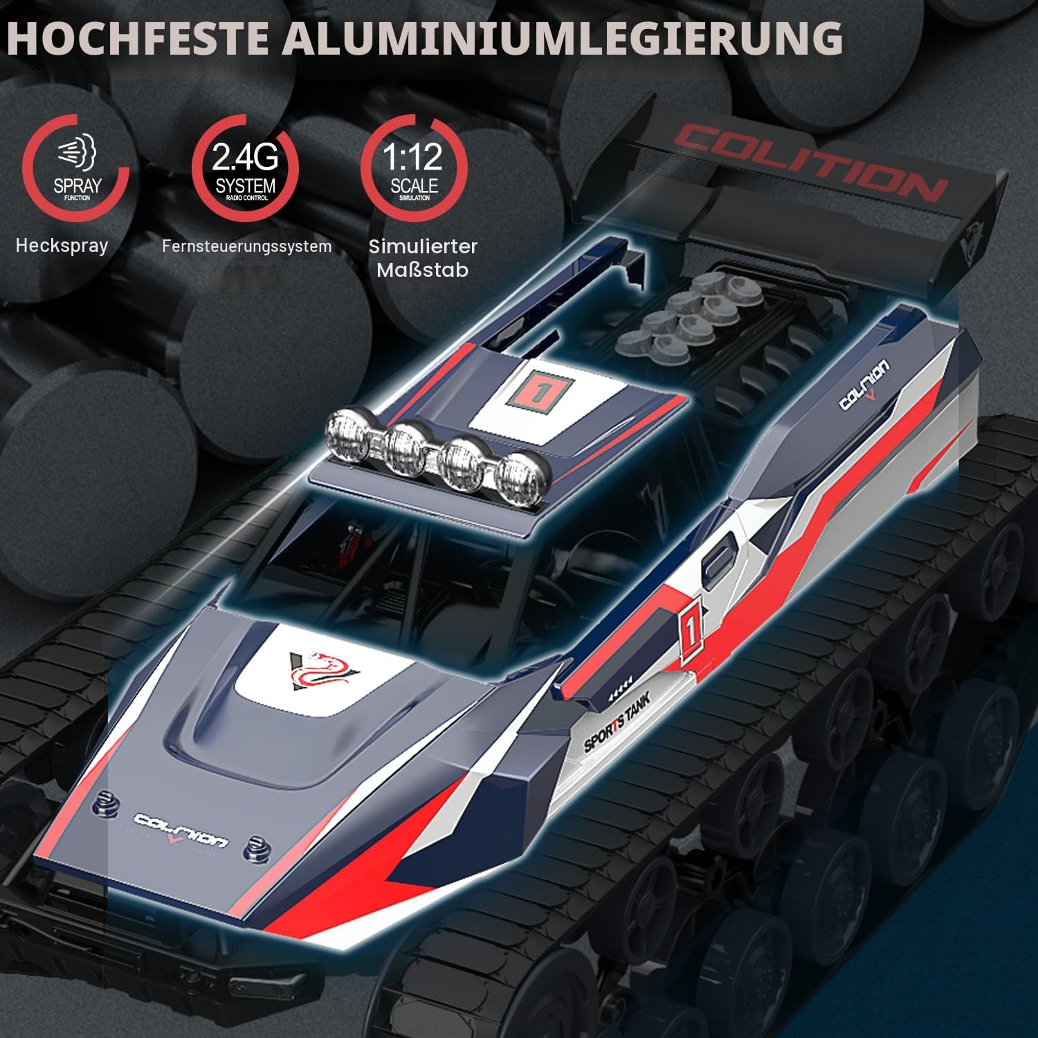 Mostop 1/12 Ferngesteuerter Crawler Hochgeschwindigkeitspanzer Off-Road 4WD RC Auto, 2,4 GHz ferngesteuerter Crawler Drift Tank mit 2 Batterien, 360° drehbarer Drifting Army gepanzerter Truck für