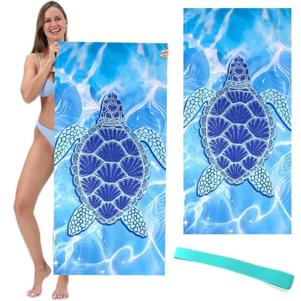 Sea Turtle Beach Towels, Turtles Microfibre Beach Towel, Microfiber Fast Drying Quick Swimming Bath Towels for Adults Kids, Sand Free Sports Camping Travel Towel with Elastic Band 2pcs (blue1)