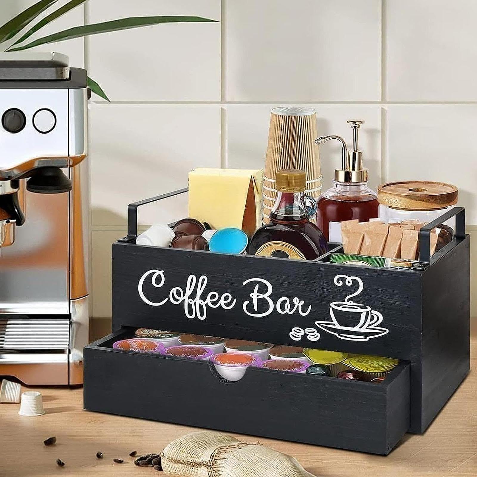Organizador de Café Estación Organizador de Café de Madera Cesta Almacenaje Cápsulas Bandeja Dispensadora Bolsas Té Condimentos Adecuado para Cocina O, Style a, Individual