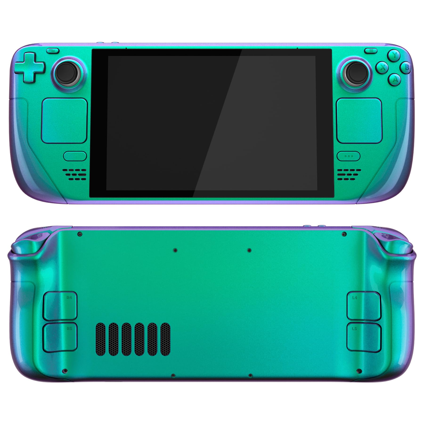 eXtremeRate Ersatz Front/Rückplatte&Tasten Set für Steam Deck, DIY-Full Case Gehäuse/Trigger D-Pad ABXY Trackpad Back Buttons Zubehör für Steam Deck LCD Console(Grün Lila)–KEIN Konsole
