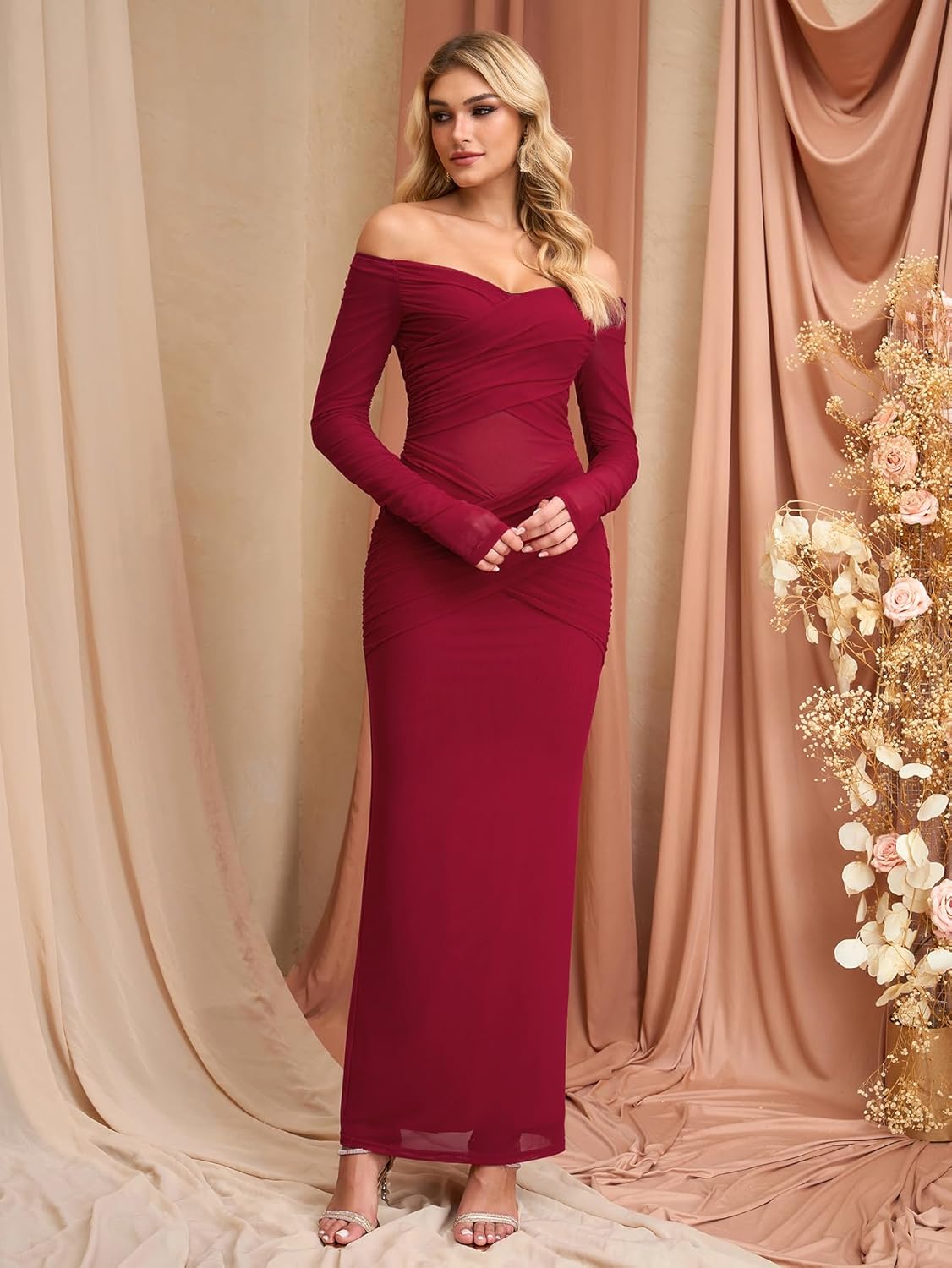 KUTUMAI Women Sheer Long Sleeve Off Shoulder Formal Cocktail Wedding Guest Dresses Fall Mesh Ruched Bodycon Maxi Dress - Image 3