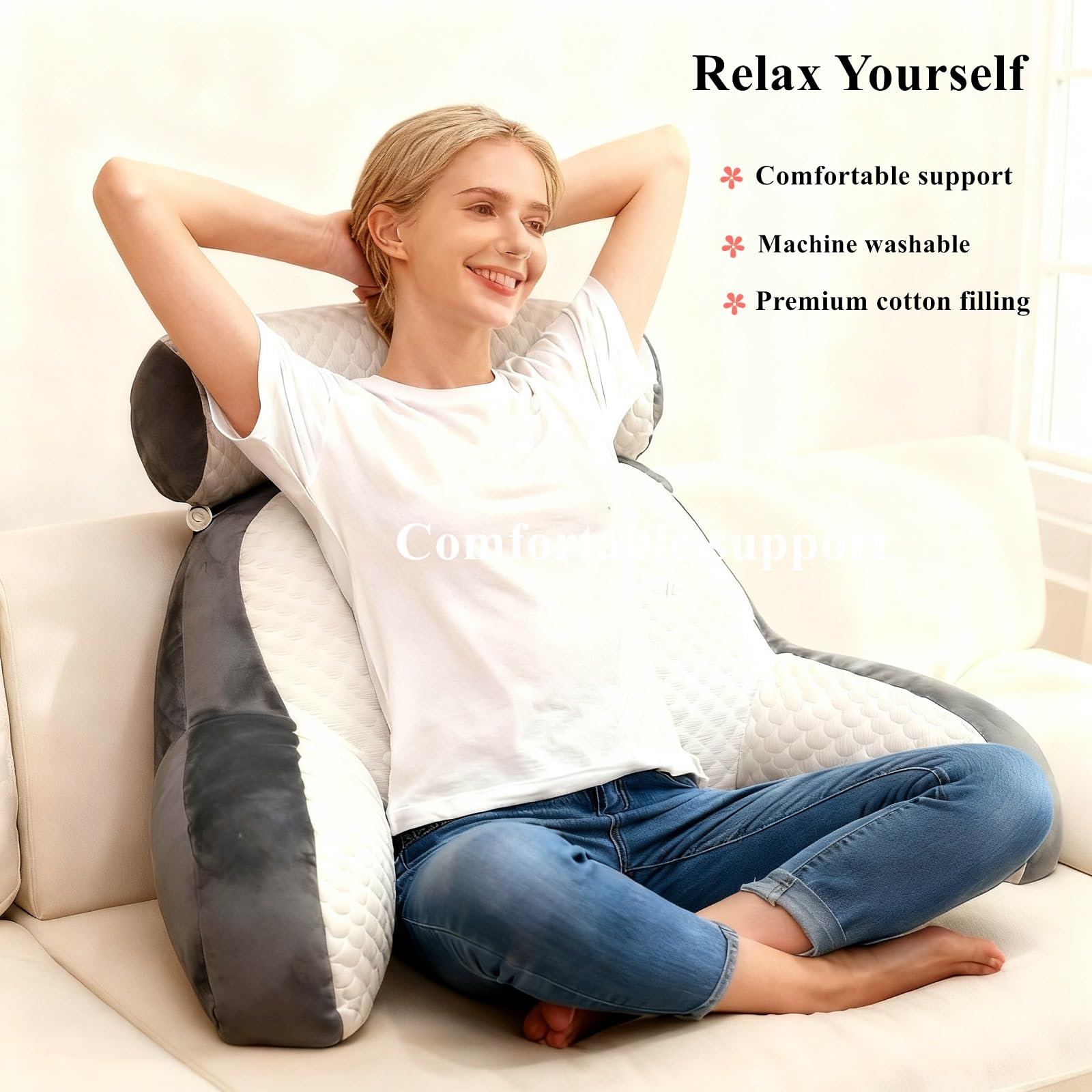 Lesekissen mit Armlehnen 80x60cm Bohnensamt grau, Groß Kristall-Plüsch Rückenkissen für Bett & Sofa, Ergonomisches Rückenstützkissen mit Nackenstütze zum Lesen & Gaming