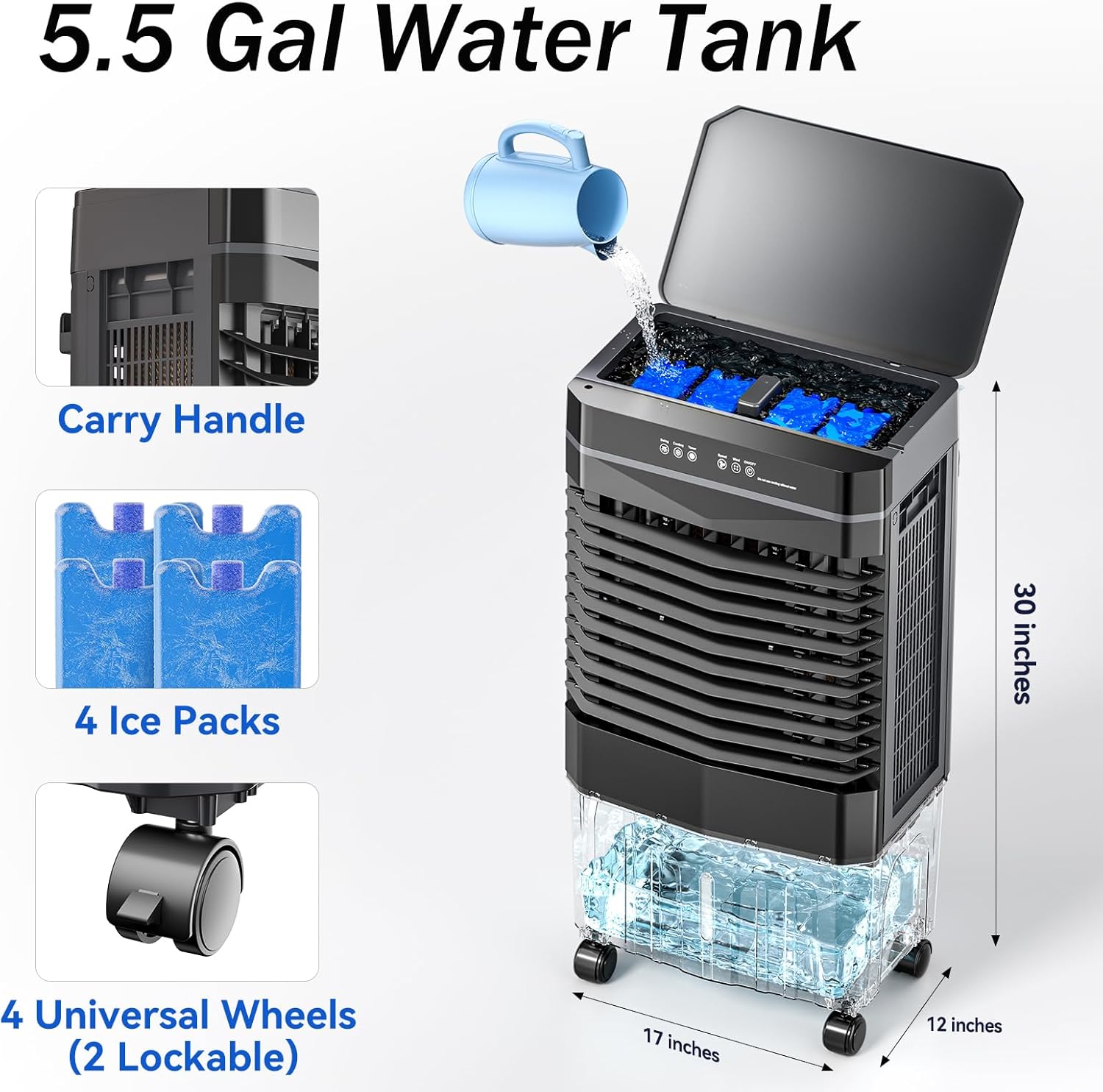 Auertech 5.5 Gal Swamp Cooler, 1800 CFM Evaporative Air Cooler with 3 Speeds, 12H Timer, 120°Oscillation, Windowless Room Cooling Fan with 4 Ice Packs, Portable Air Cooler for Indoor, Garage, Bedroom
