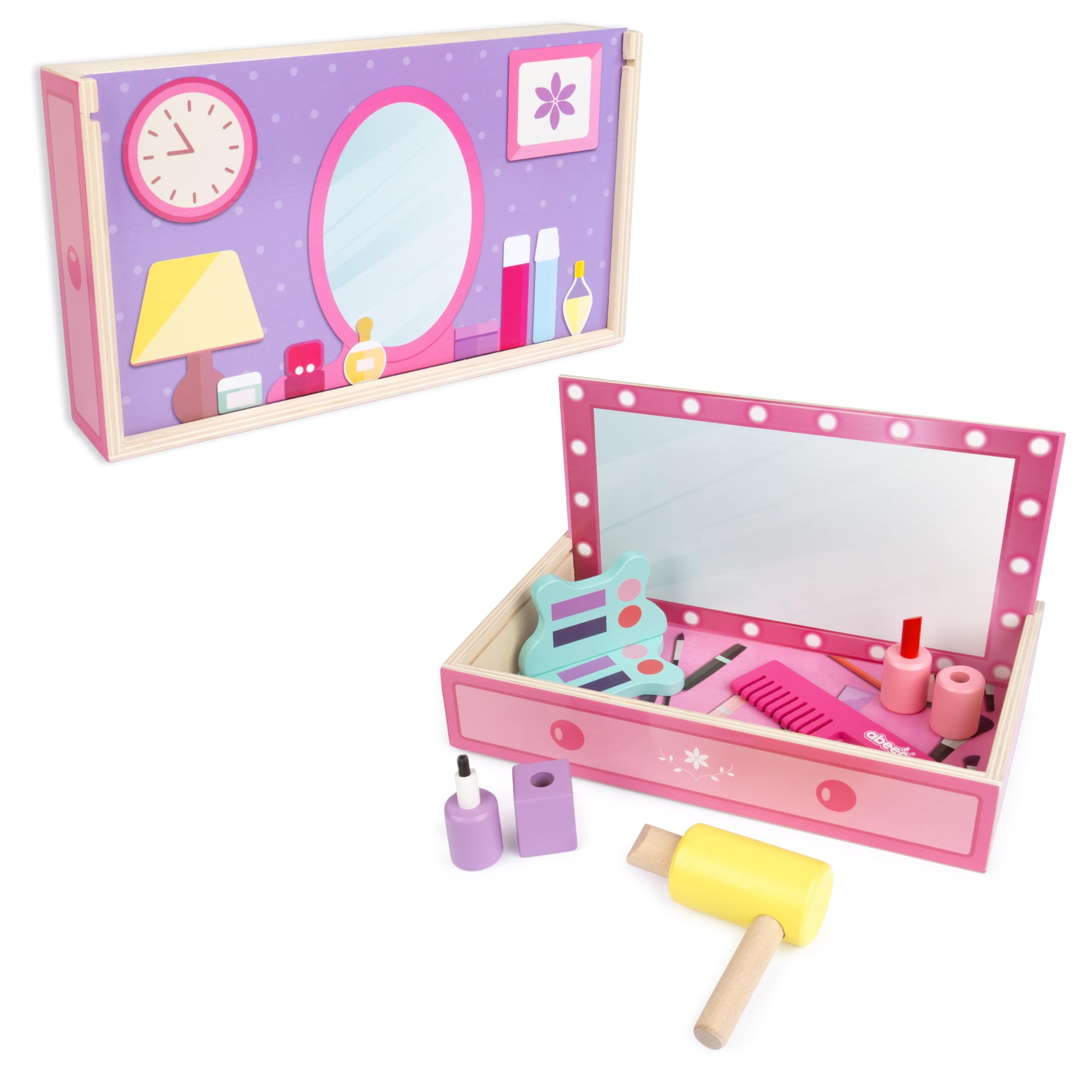 abeec Wooden Beauty Set | Pretend Makeup Vanity for Toddlers | Compact Wooden Dressing Table Role Play Set | Hairdryer, Lipstick, Nail Polish & More