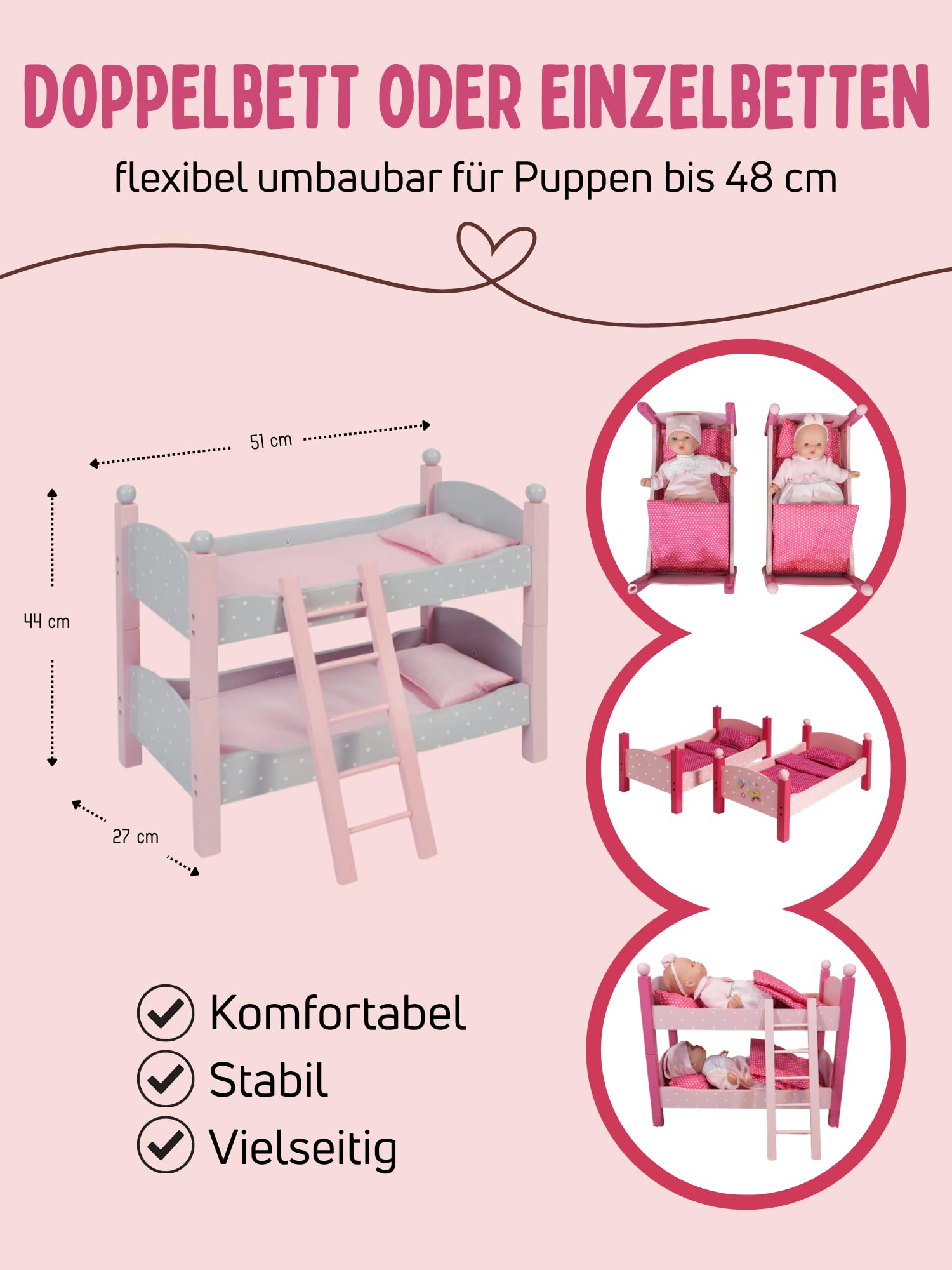 Bayer Chic 2000 513 91 Letto a Castello per Bambole, 3 Anni a 8 Anni, Grigio, Puntos Grey, Piccolo