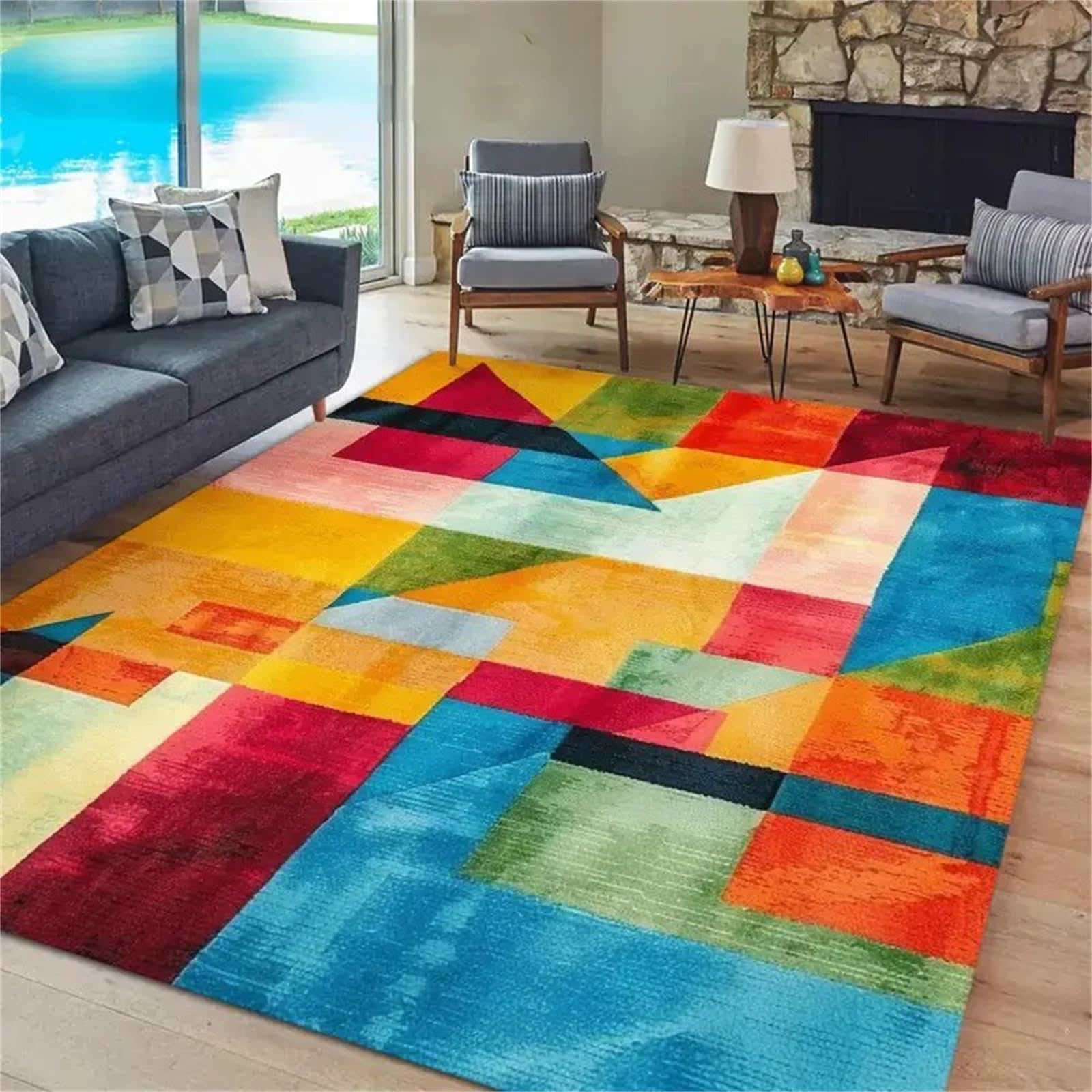 USHIRUG Colorful Geometric Area Rug, 60x90cm, Modern Living Room Abstract Home Decor Rugs, Non-Slip Washable Indoor Floor Mat, Soft Non-Shedding Carpet for Living Room Bedroom Dining Room Bathroom