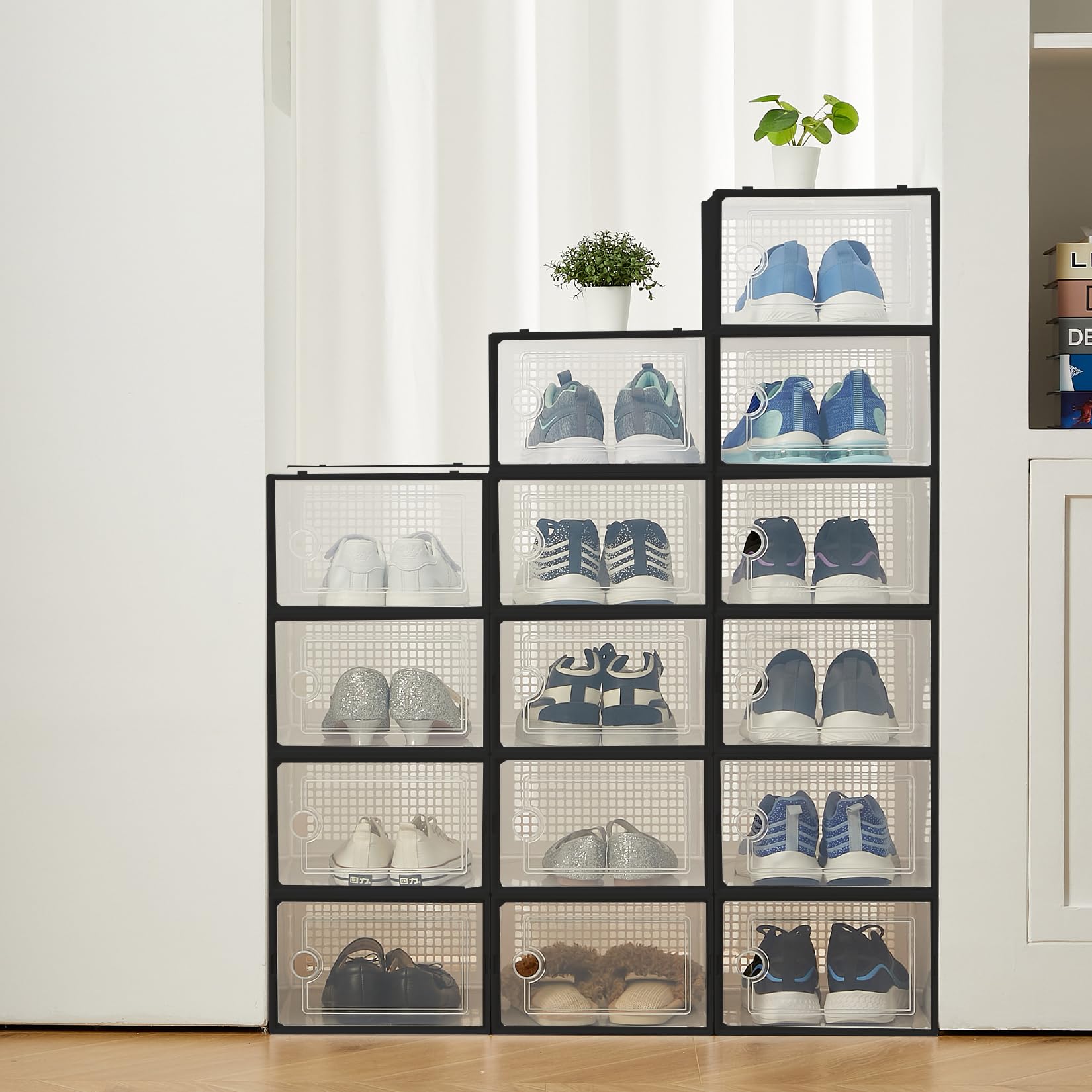 AffinityFurn 12 Pcs Stackable Shoe Storage Box Organizer, Clear Plastic, Collapsible, Dustproof, Multipurpose Sneaker Container with Lids for Closet, Bedroom, Under Bed
