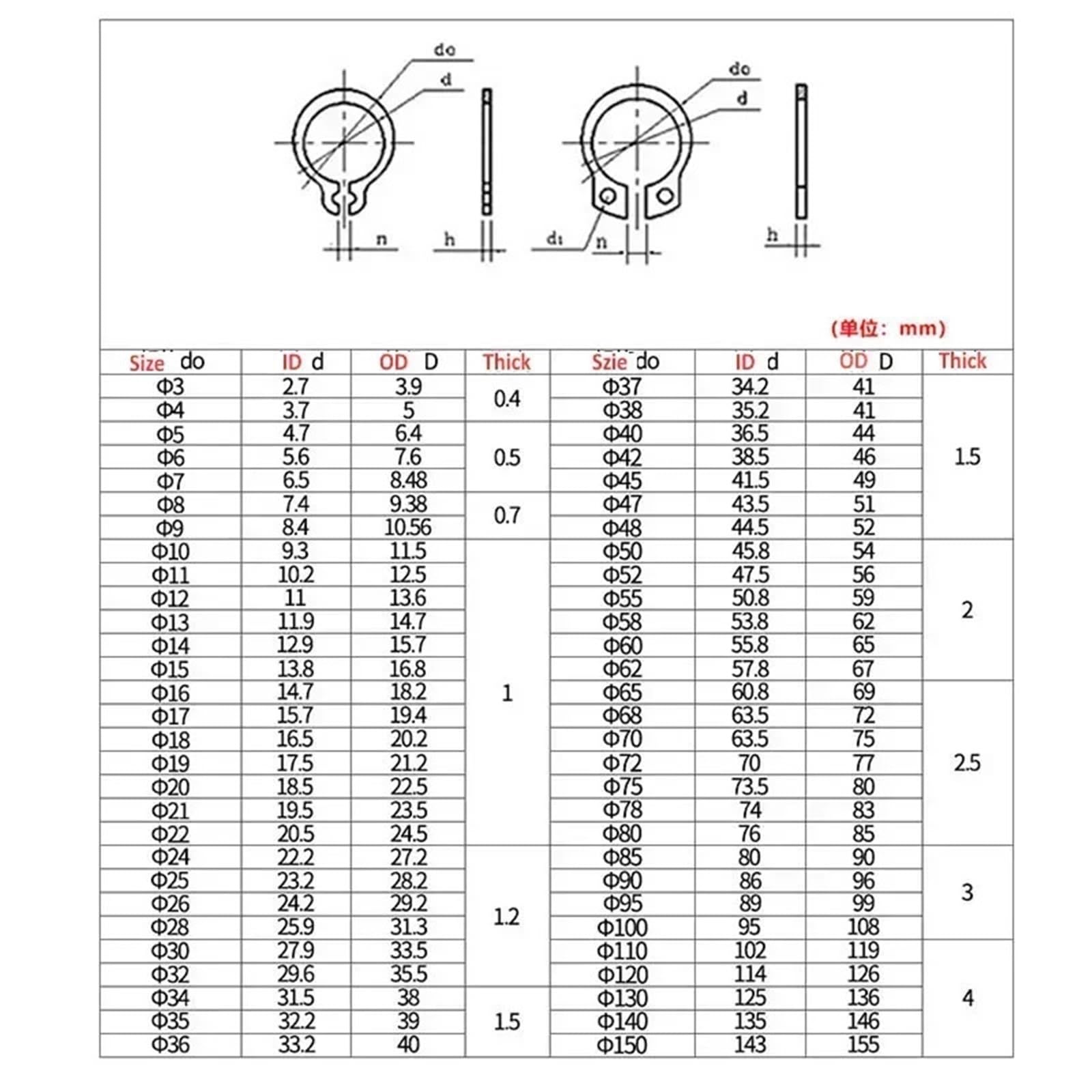 anillo de retención Clip de retención acero inoxidable M3-M52 304, anillo presión, arandelas tipo C, Circlip externo for eje rodamiento Para mantenimiento(M48,10Pcs)