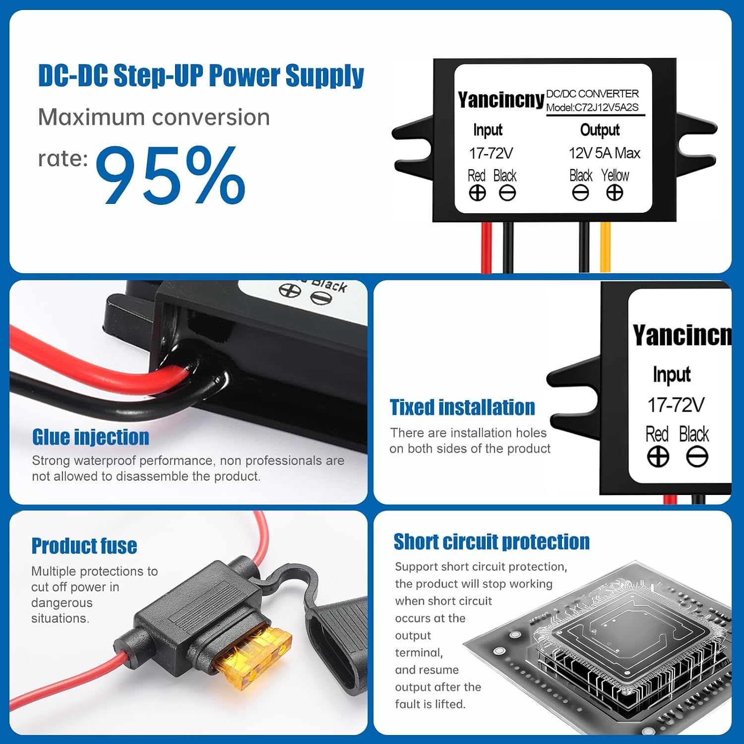 DC 24V 36V 48V 60V 72V Step Down to 12V 5A 60W Converter Regulator Reducer Power Supply Module Buck Transformer, Waterproof DC 24V to 12V Converter with Fuse for Golf Cart