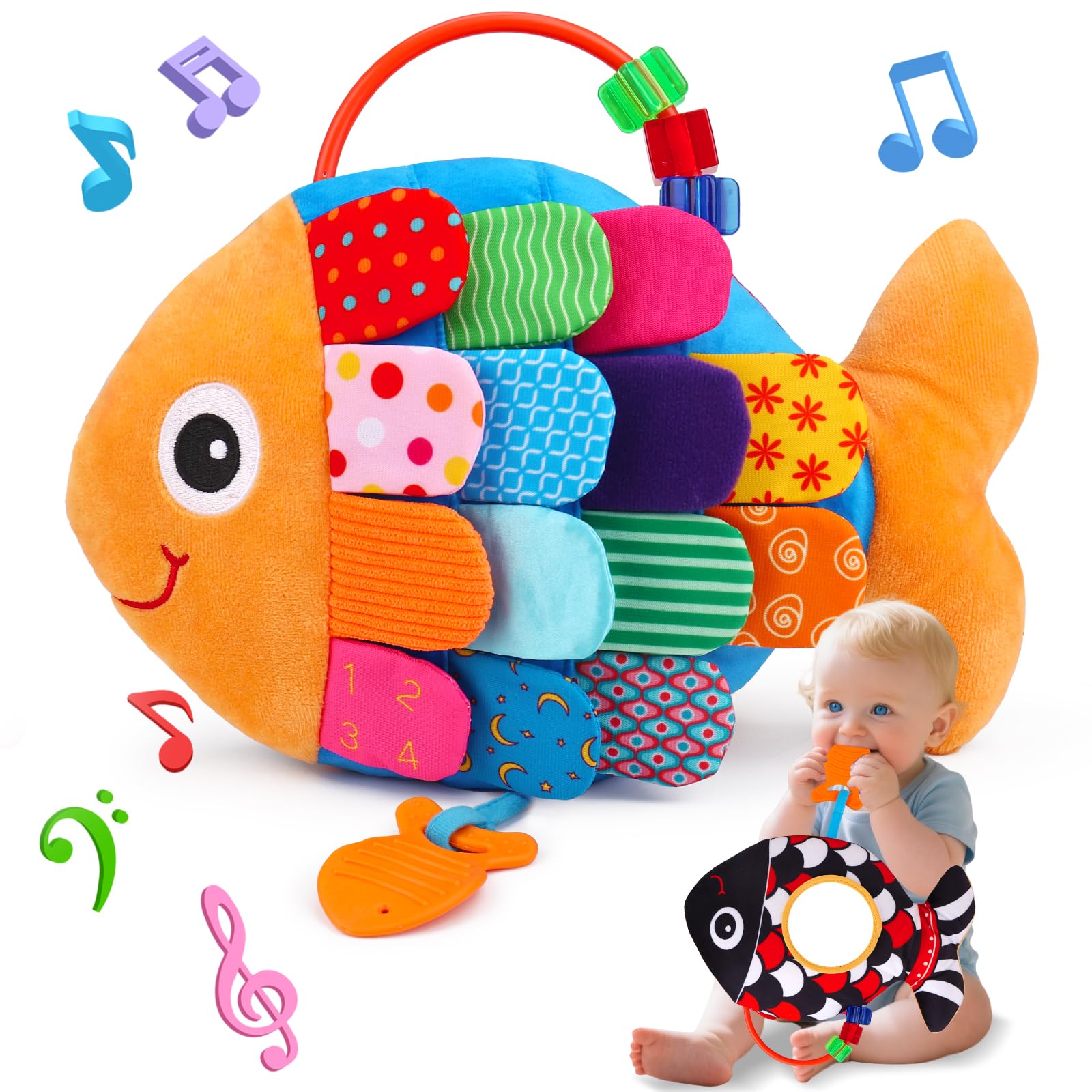 Baby Sensory 0-3 0-6 Toys Months, 2 in 1 Baby Music Fish Tummy Time Toy & High Contrast Black and White Toy, Babies Newborn Toys 0 3 6 Months with Mirror Crinkle Rattle, Infant Shower Gifts