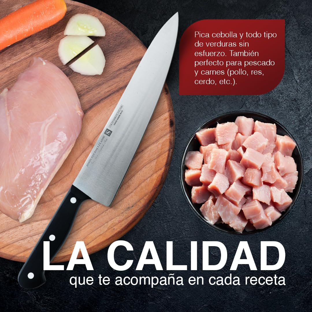 Cuchillo Cebollero Profesional 25cm Simón Gourmet Classic - Fabricado en España, Hoja Enteriza de Acero Troquelado para Verduras, Carnes y Pescados
