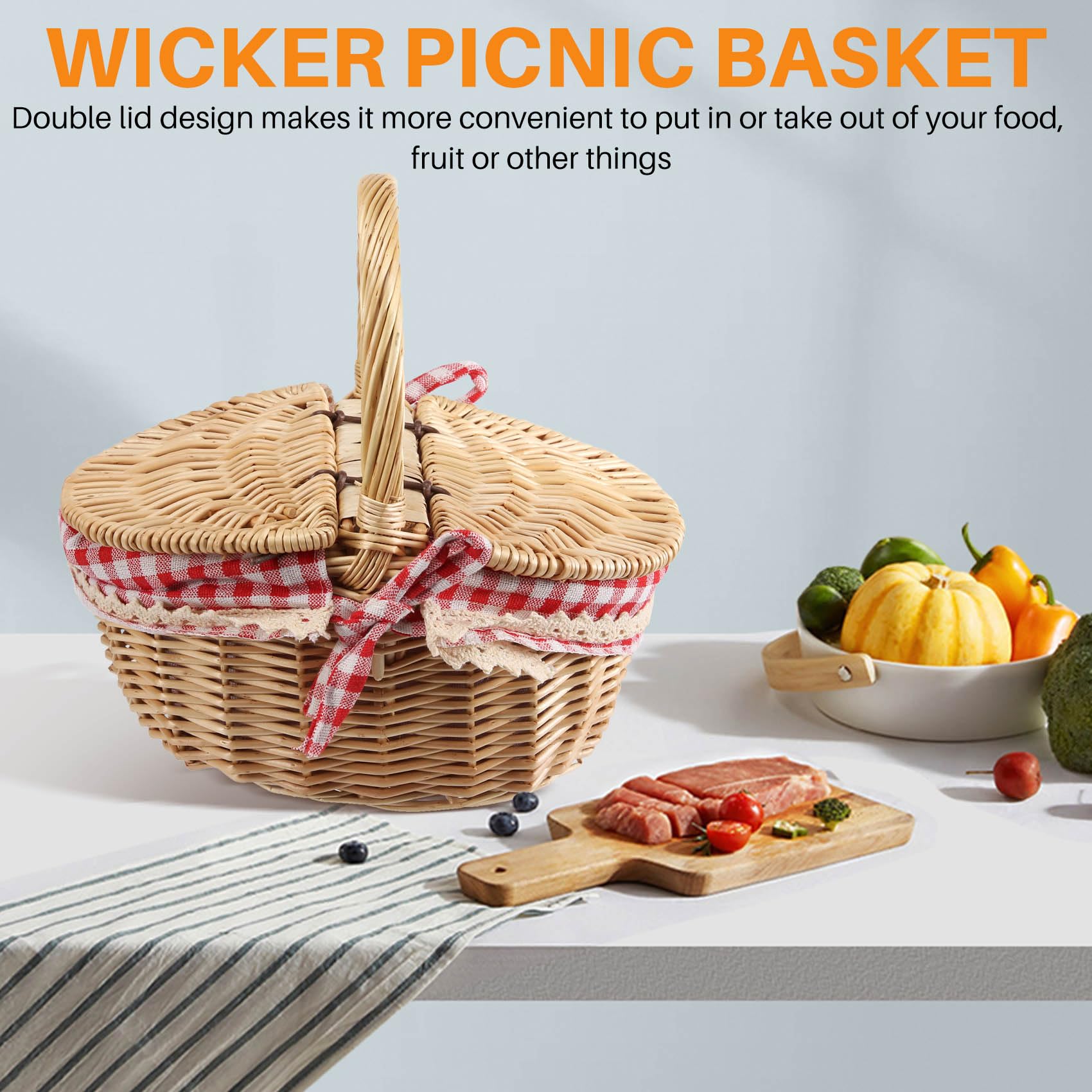 Povhhee Panier de pique-nique en osier style avec couvercle et poignée et doublure pour pique-niques, fêtes et barbecues