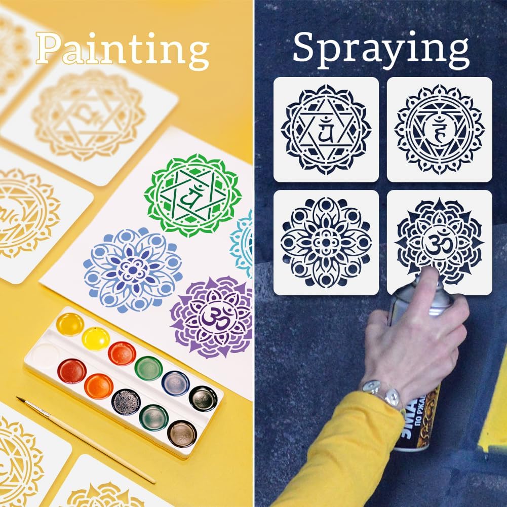 8Pcs Chakras Yoga Stencils for Painting, 5.9"x5.9" Reusable Mandala Stencil Drawing Templates, Lotus Flower DIY Craft Paint Templates for Wall Home Decor Wood Burning Canvas Journal Card