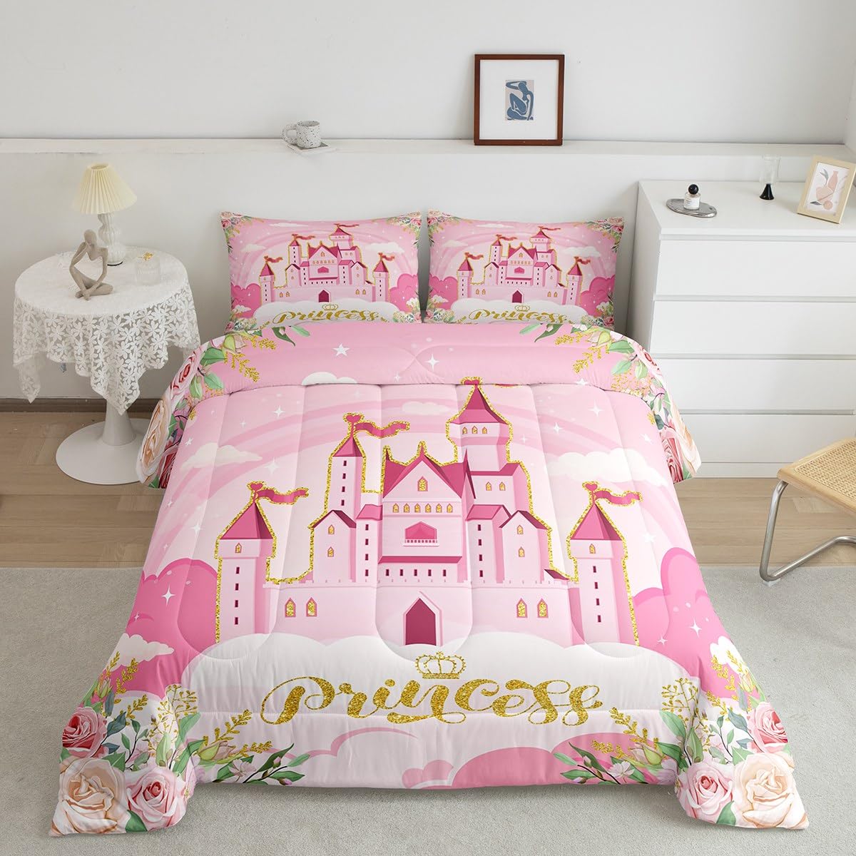Manfei Princess Full Bedding Sets for Girls,Pink Castle Dreamy Comforter Set Kids Bedroom Decor,Flowers Garden Princess Bed Set,Fairy Tale Theme Duvet Insert Cute Blanket,Gifts for Girls