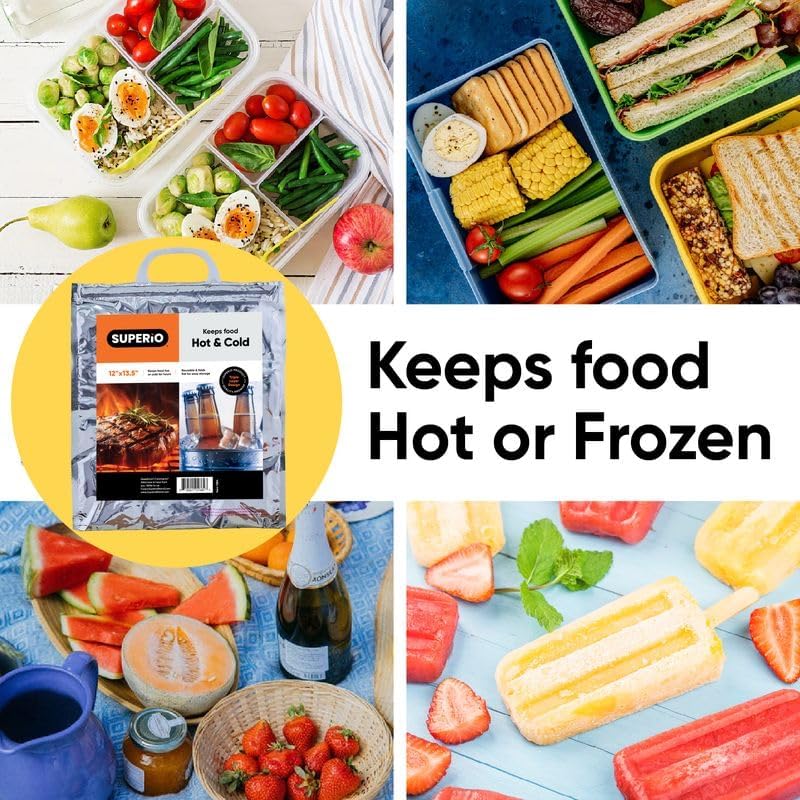 Superio Hot and Cold Insulated Bags for Food Delivery, Grocery Shopping Bags, Food Storage for Hot and Frozen Food for Travel, Disposable Cooler Bag, Reinforced Thermal Lunch Bag (10, 12"x13.5")