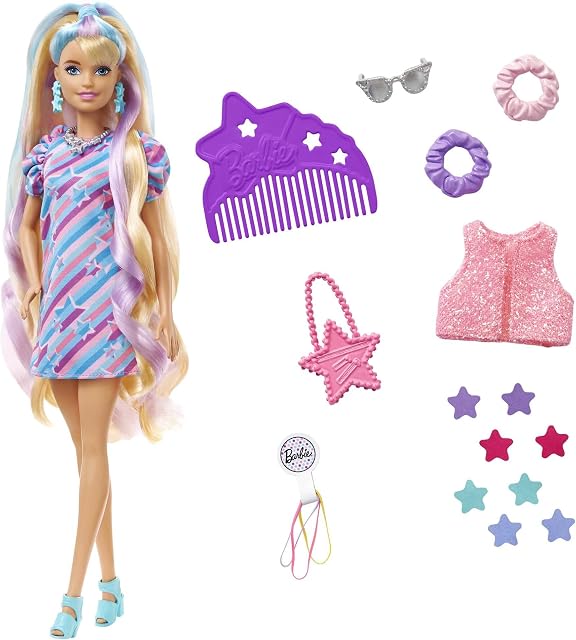 Barbie Totally Hair Star-Themed Doll, 8.5 inch Fantasy Hair, Dress, 15 Hair & Fashion Play Accessories (8 with Color Change Feature) for Kids 3 Years Old & Up