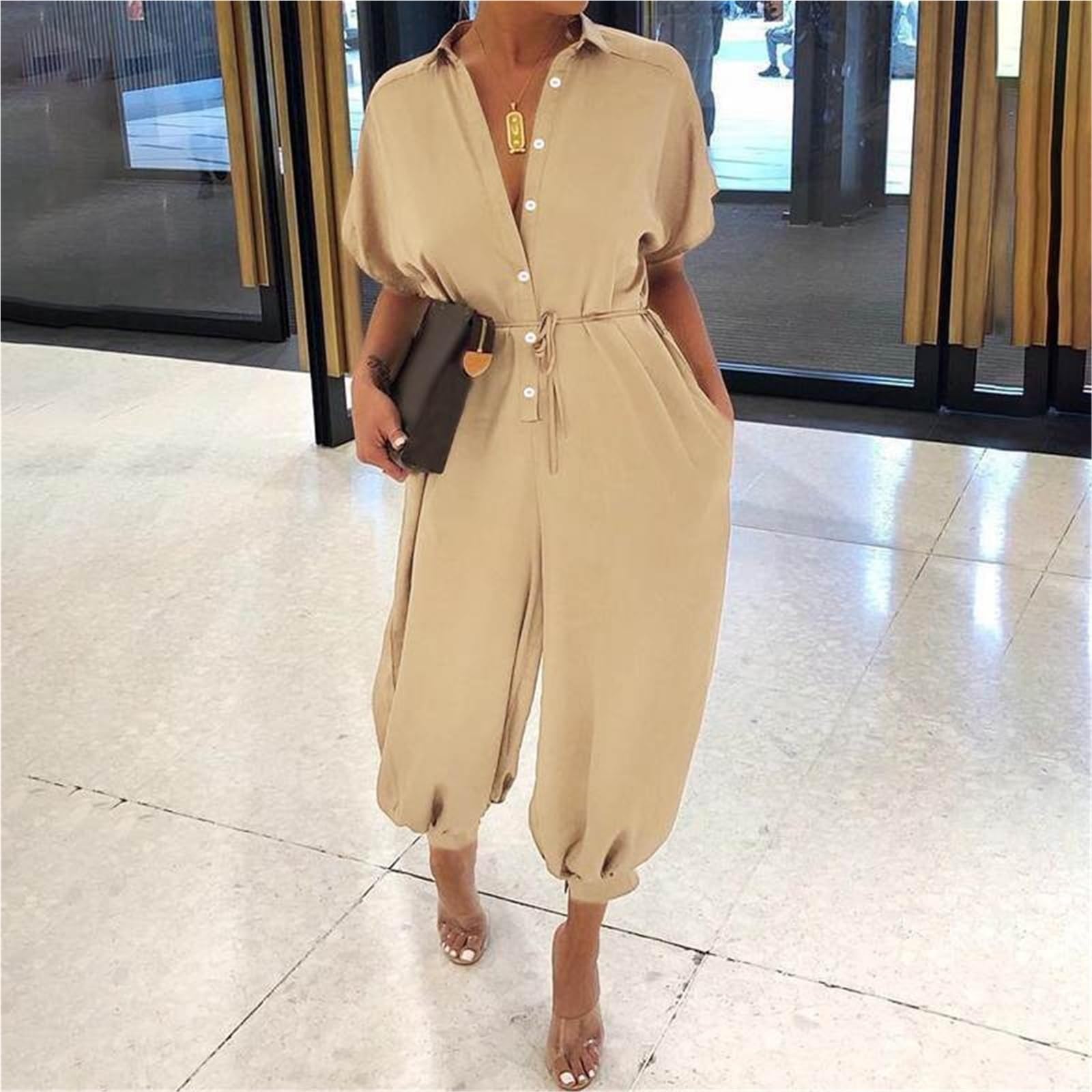 Jumpsuit Donna Tuta da donna con scollo a V, bottoni, lacci, manica corta, ampia, stampata, tascabile