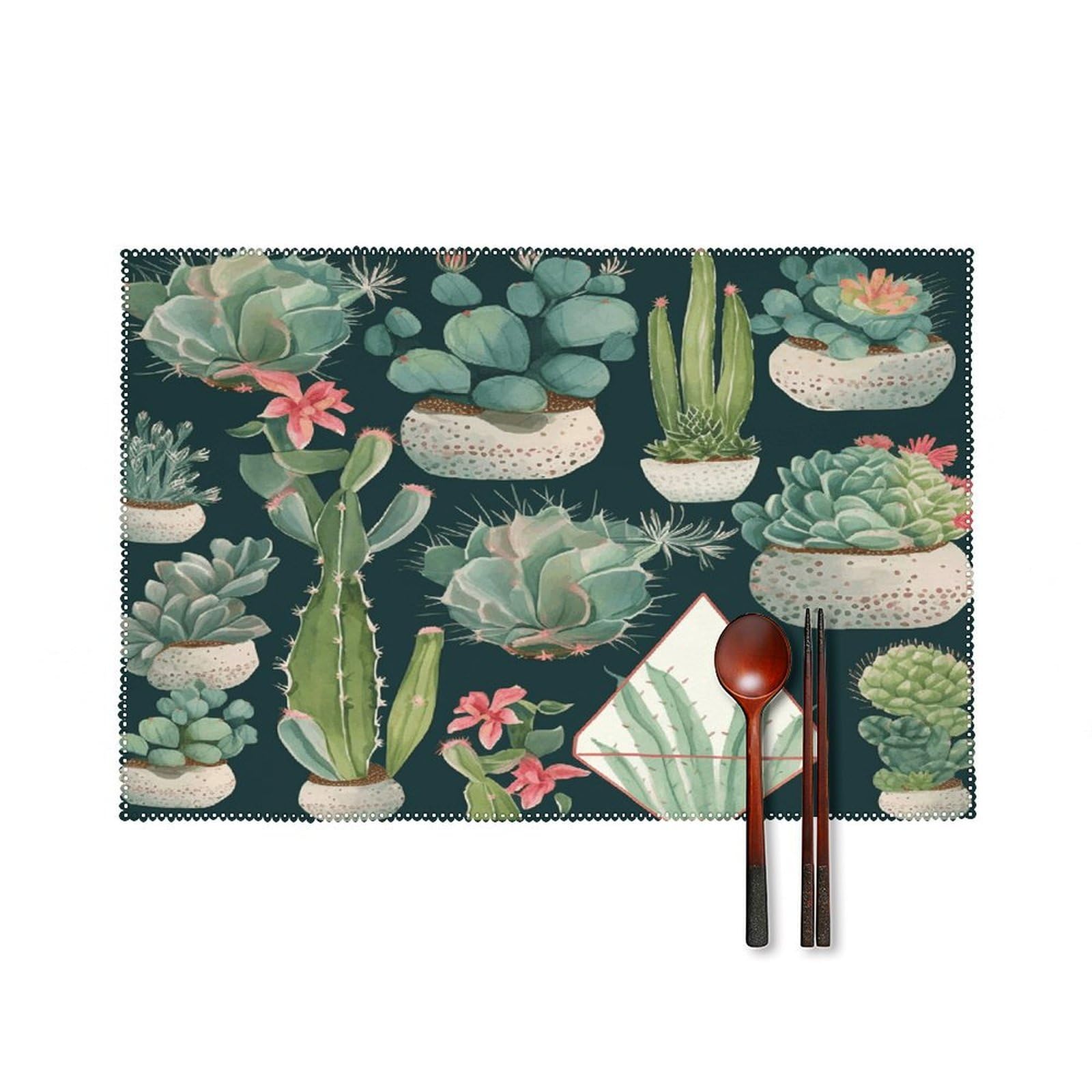Succulent Plants and Cactus Placemats Set of 6 Non-Slip Heat Resistant Table Mats Canvas Washable Cloth Place Mats Easy to Clean Premium Placemat for Kitchen Dining Table Decoration