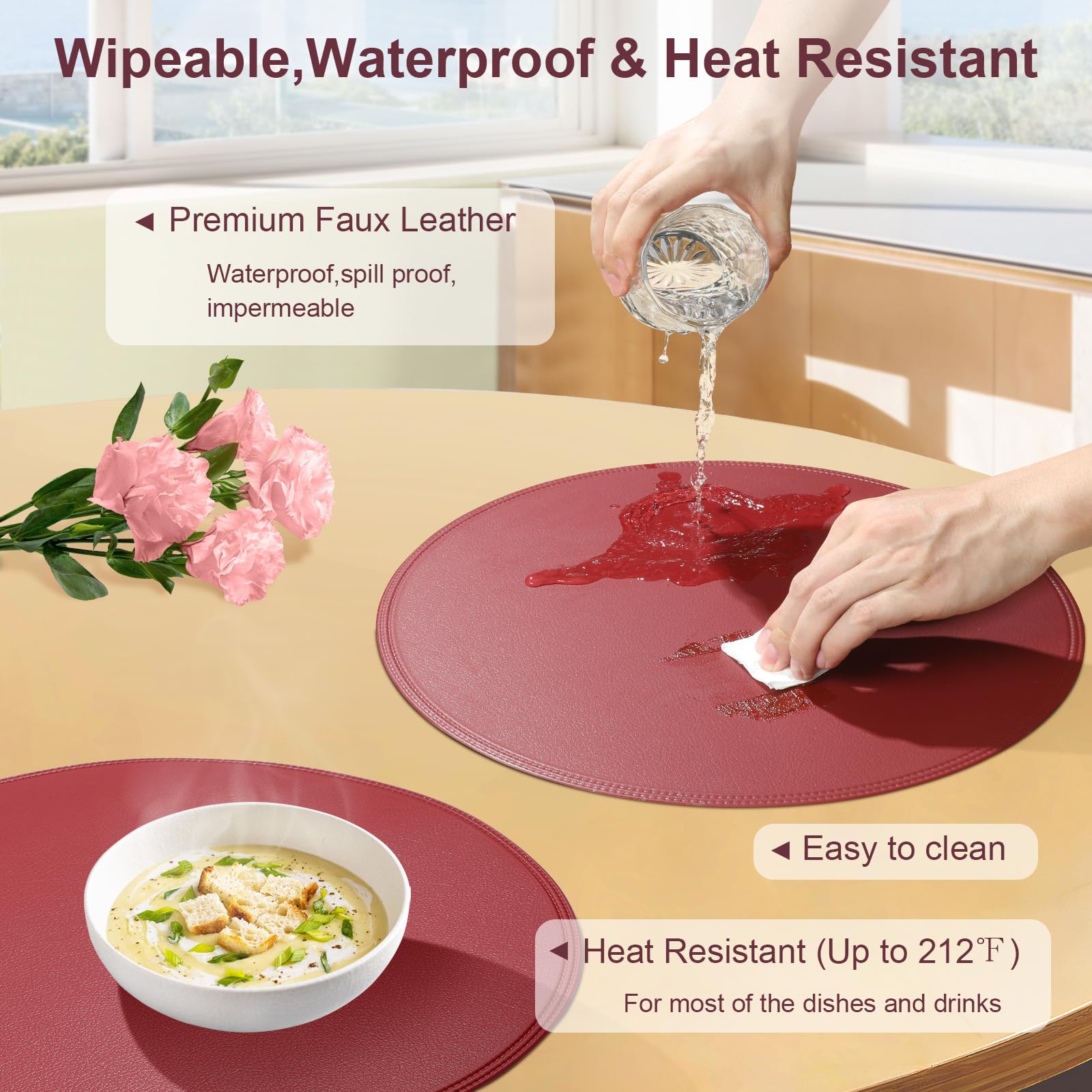 Rinpon Round Vinyl Placemats Set of 6, Faux Leather Waterproof Wipeable Heat Resistant Place Mats, Washable Oil-Proof - Image 4