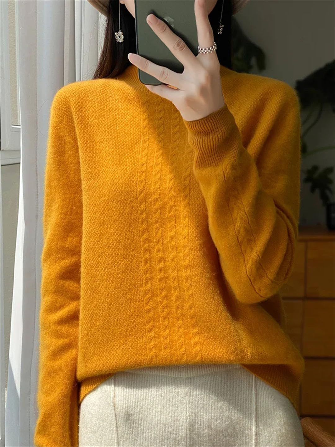 Maglione da donna a collo alto, in lana merino, a maniche lunghe, in cashmere