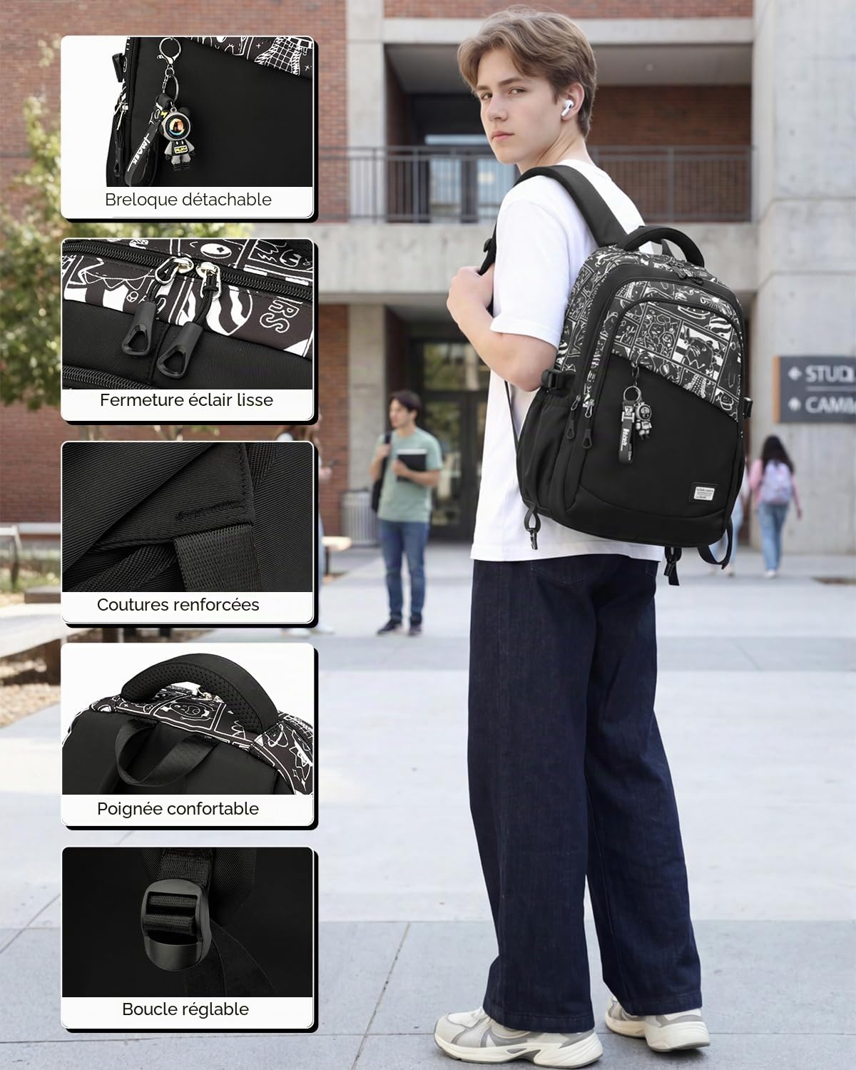 Sac à Dos pour Garçons Adolescents, Grand Cartable Noir pour le Lycée avec Imprimé Graffiti, Sac College Garcon Décontracté et Imperméable pour les Voyages