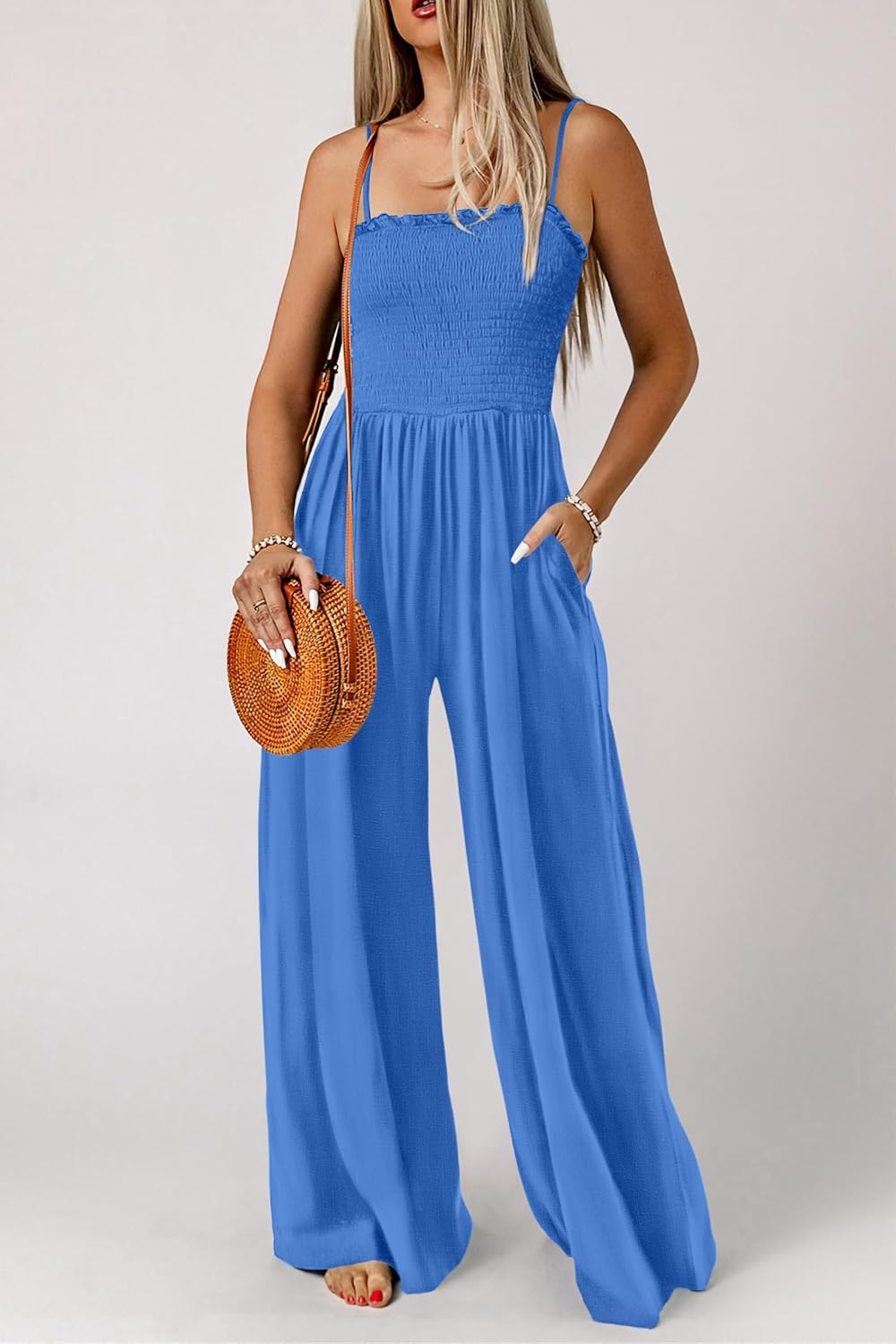 Women's Summer Casual Jumpsuits One Piece Outfits Square Neck Sleeveless Spaghetti Strap Wide Leg Rompers with Pockets - Image 2