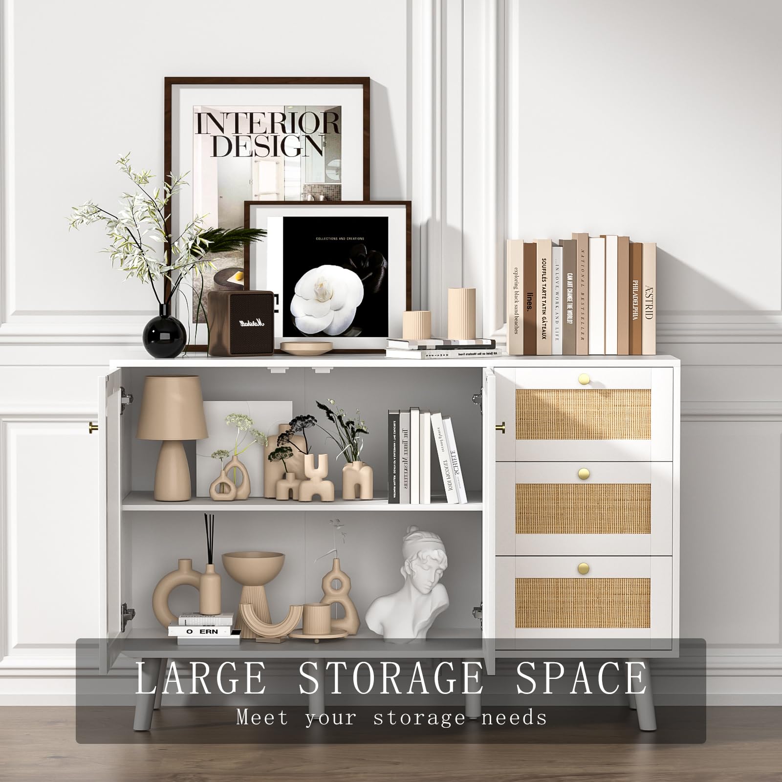 Rattan Sideboard Kommode, Weiß Aufbewahrungsschrank mit 2 Rattan Türen und 3 Schubladen für Esszimmer, Küche und Wohnzimmer, Küchenbuffet mit Verstellbares Regal Sideboard，120x40x82cm
