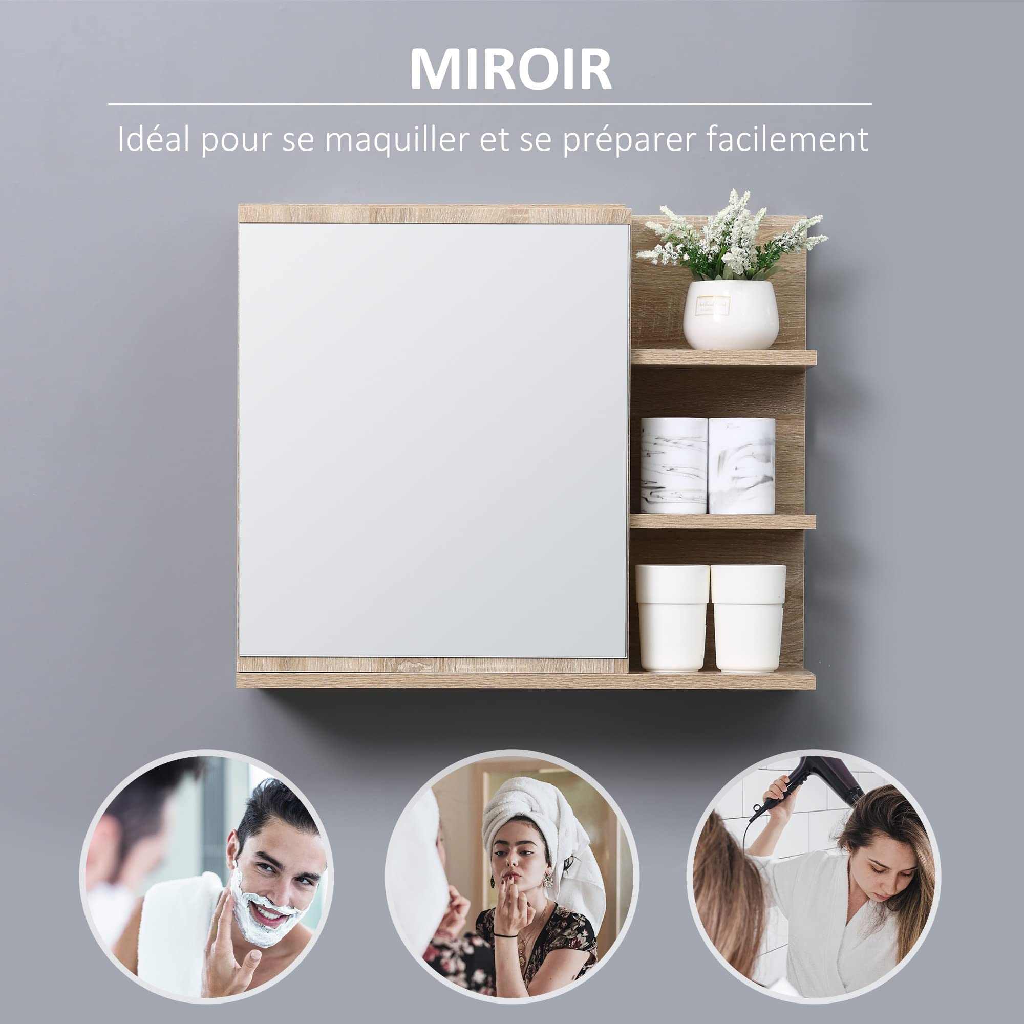kleankin Armoire Miroir de Salle de Bain Aspect Chêne Clair | 3 Étagères Latérales, Kit Installation Murale Fourni, Panneaux Particules
