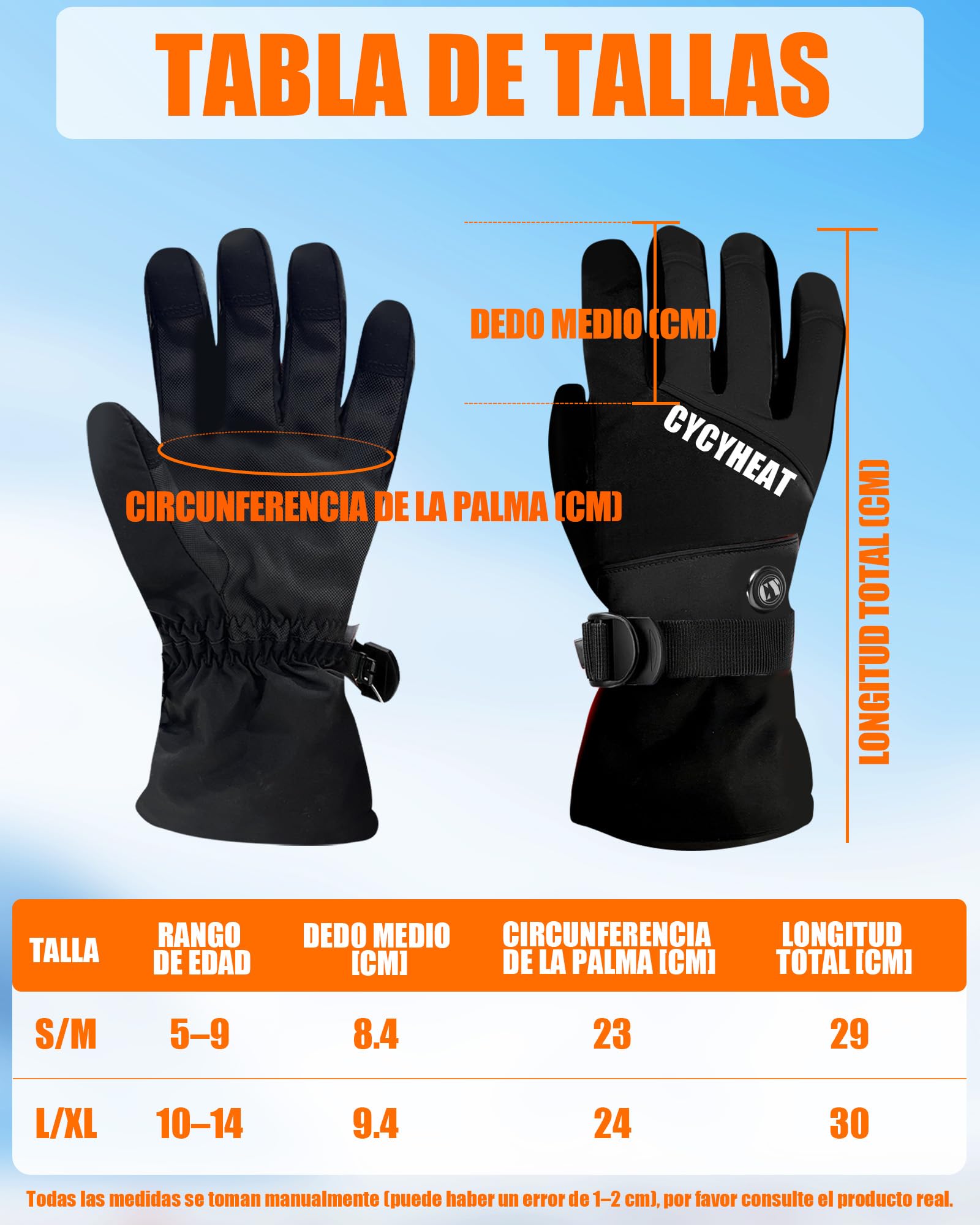CYCYHEAT Guantes Calefactables Niños – Guantes de Esquí Impermeables para Niños y Niñas con Tecnología de Calefacción Mejorada y Batería 5000mAh (Negro + batería de 5000 mAh, L/XL)