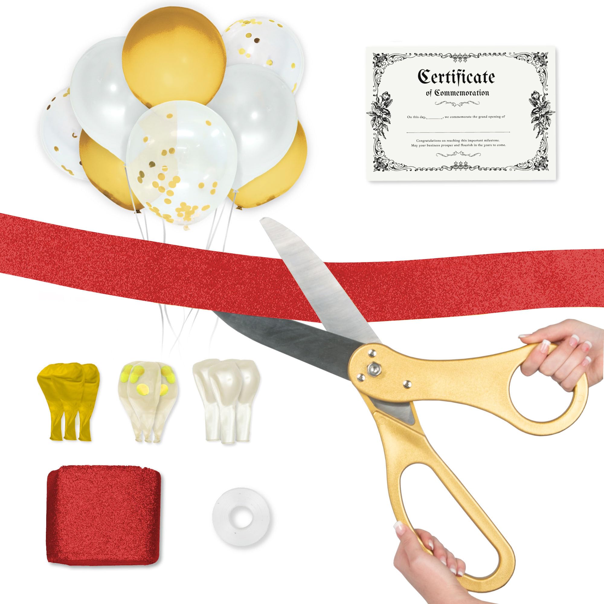 Crutello Ribbon Cutting Ceremony Kit - 20" Giant Gold Scissors, Red Ribbon
