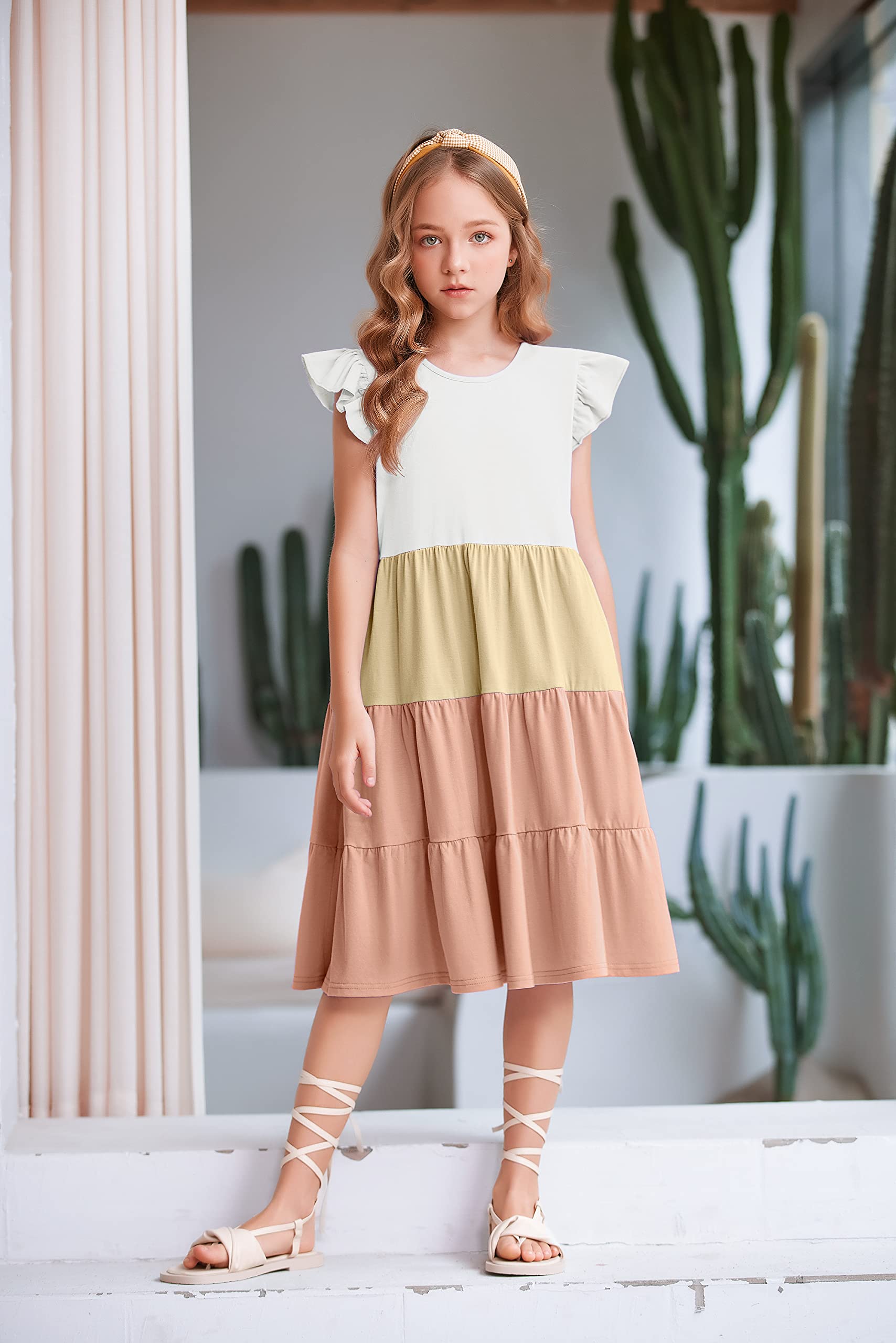 Vestido de Verano para Niñas Arshiner Algodón Mangas de Volantes Escote Redondo 4-14 Años