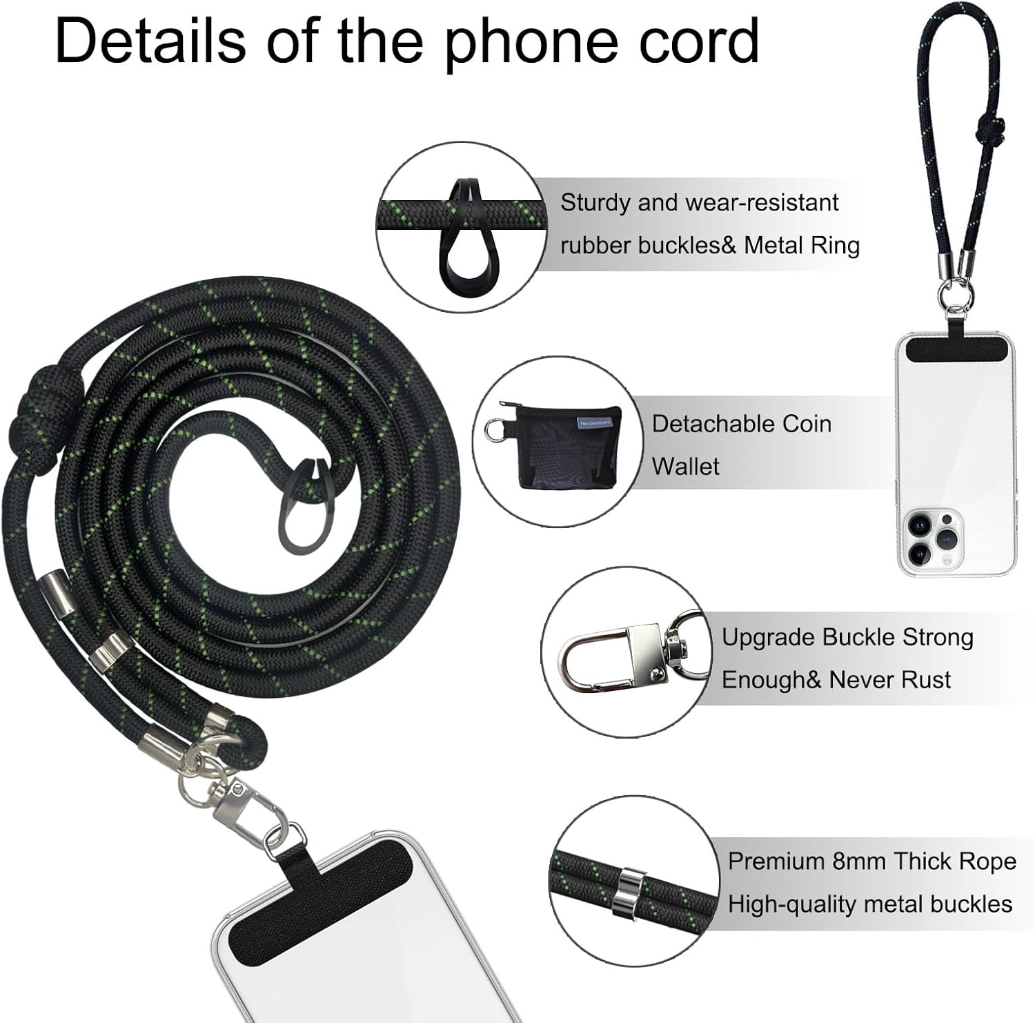 Phone Lanyard-1×Adjustable Neck Phone Strap with Wallet, 1×Wrist Strap,2×Pads,Anti Theft Phone Wrist Strap with Wallet,Universal Phone Strap Crossbody Compatible with Most Smartphones-Blackgreen - Image 2