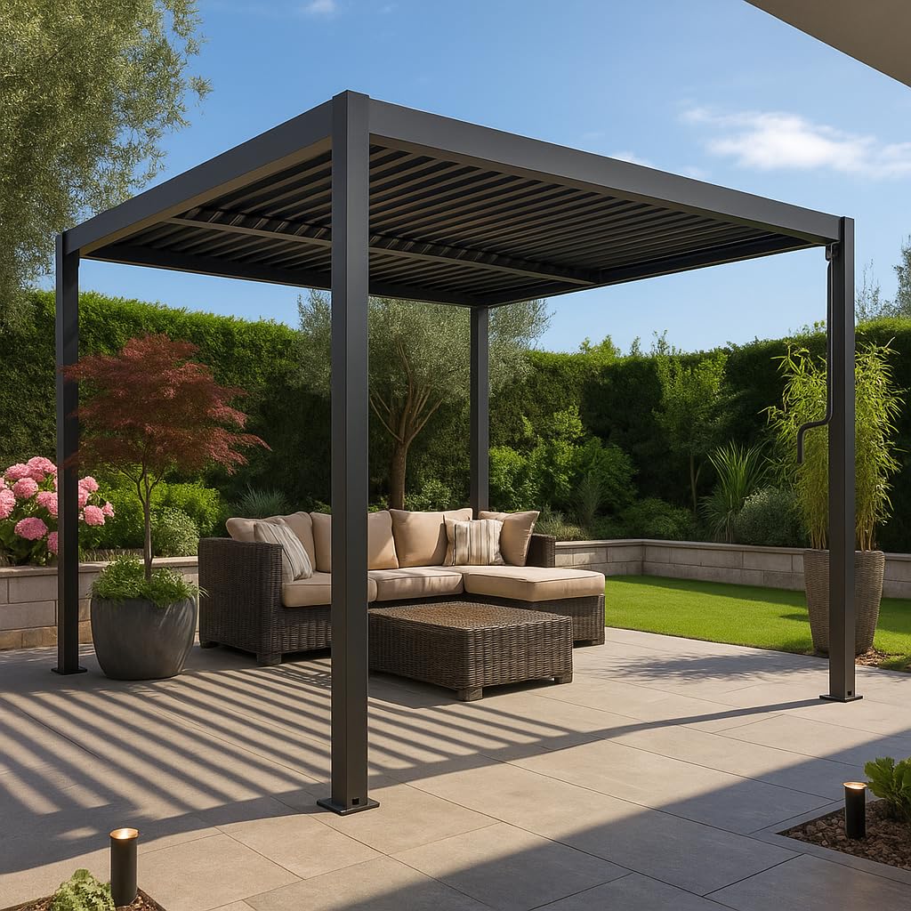 Pergola Bioclimatica Luxury con struttura in alluminio Antracite, tetto lamellare orientabile, da giardino e veranda (3 x 6 mt)