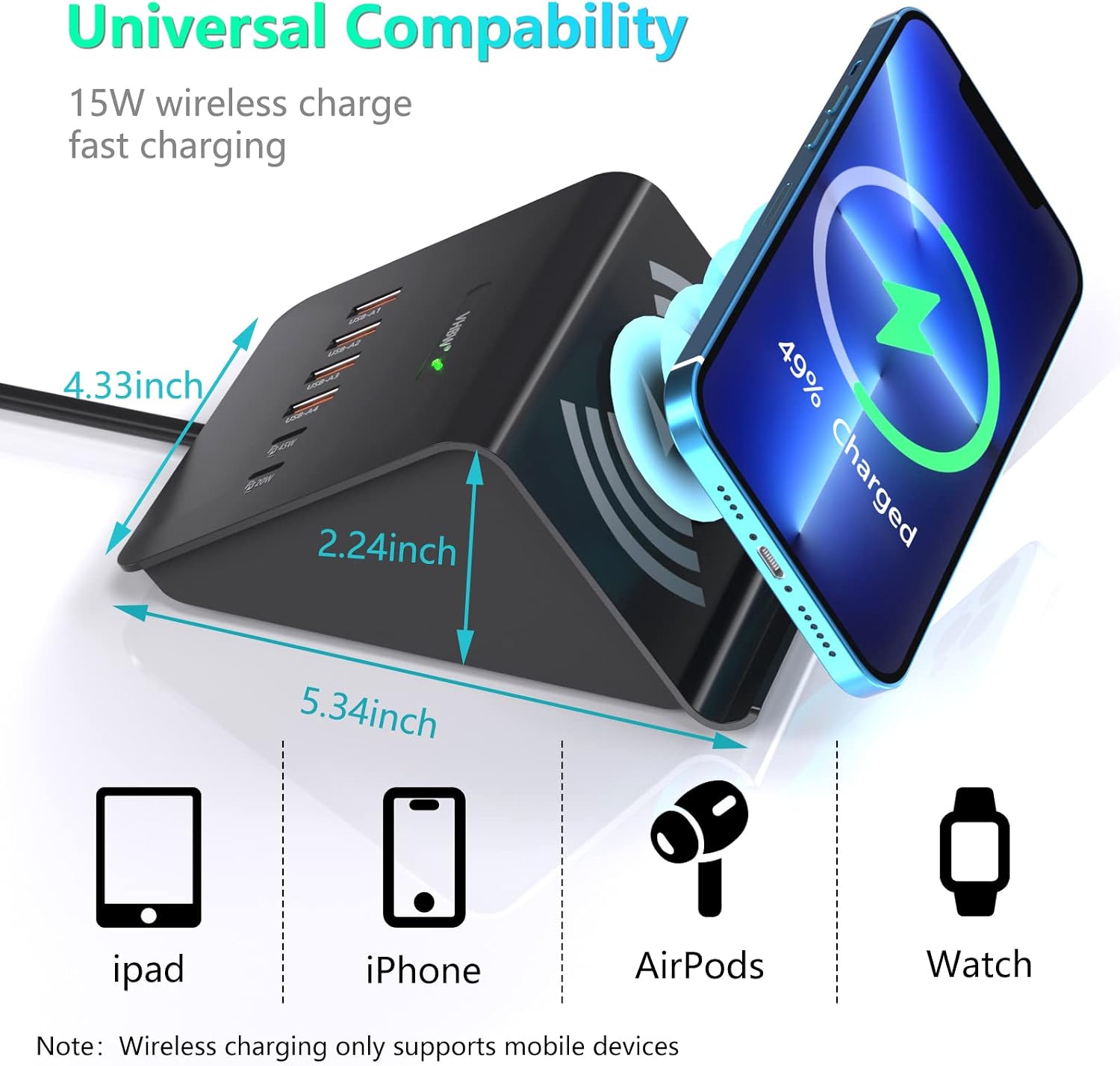 VHBW USB Charging Station for Multiple Devices 100W, 7 IN 1 Muti USB C Fast Charger Station with Wireless Charger Phone Stand for Samsung iPhone 13/12/11, Max 65W USB C Charger for MacBook Pro, Laptop