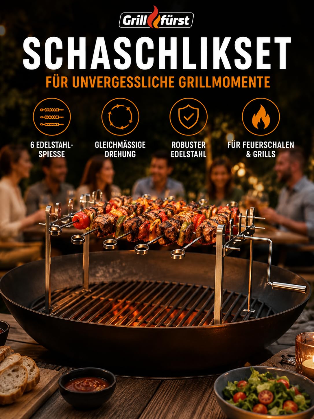 Grillfürst Juego de brochetas universales para brochetas y asadores, incluye 6 brochetas para shish kebab, giroscopios o kebab, longitud total: 45 cm