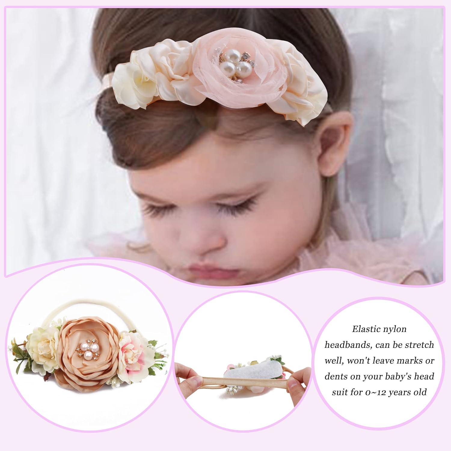 Baby Girl Flower Headband 6 PCS Elastic Hairbands Handmade Nylon Bows Headbands Chic Floral Hair Accessories Kids Gifts for Newborn Infant Toddlers - Image 4
