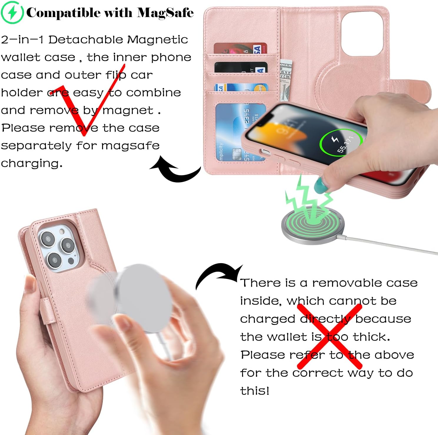 Ｈａｖａｙａ Case for iPhone 13 Pro Max & iPhone 12 Pro Max Case Wallet Magsafe Compatible 2 in 1 Detachable with Card Holder Pu Leather Flip Folio Credit Card Slots Stand Magnetic Phone Cover-Rose Gold